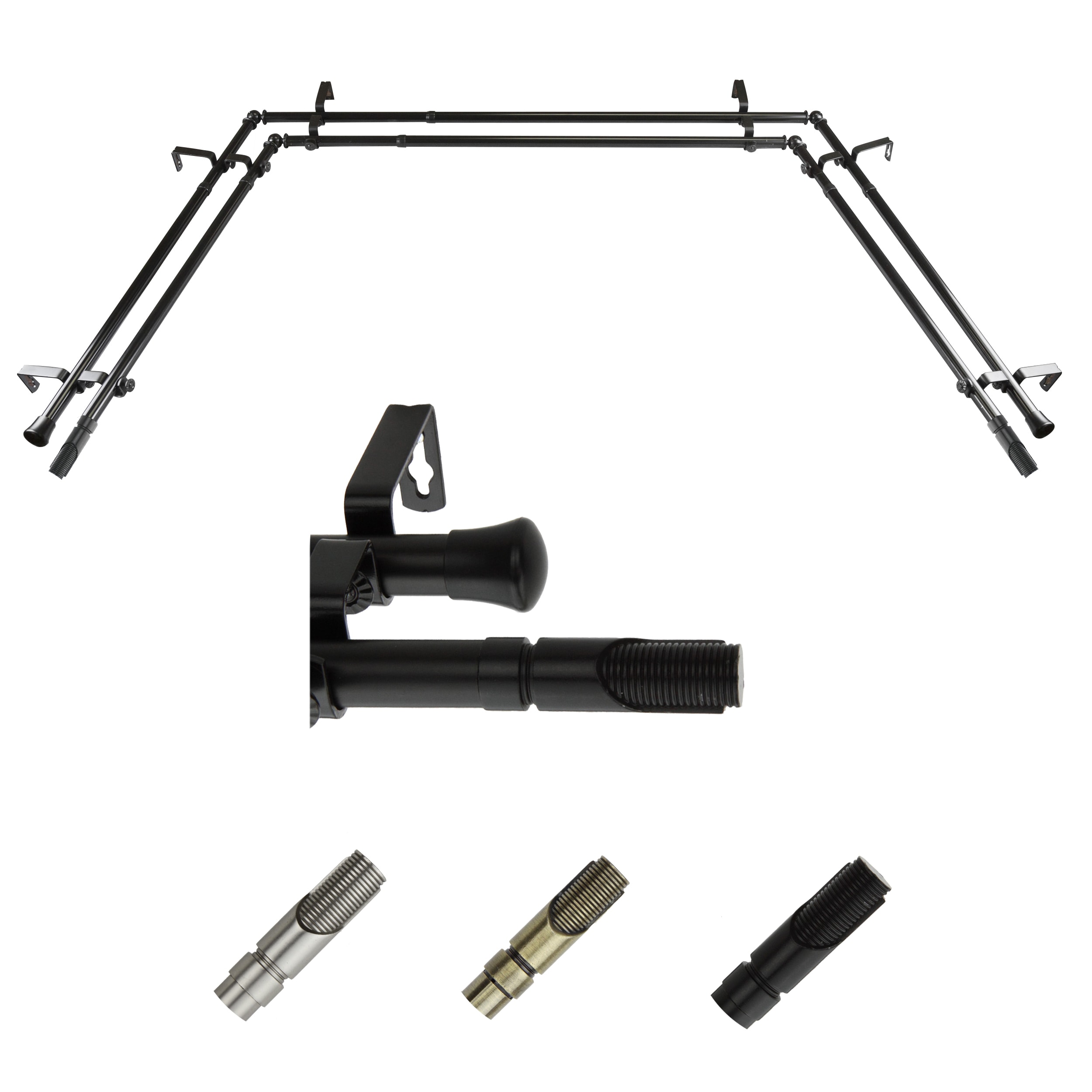 Hart & Harlow LO-ABAY-66-2D 72-in to 144-in Black Steel Bay window curtain rod with Finials