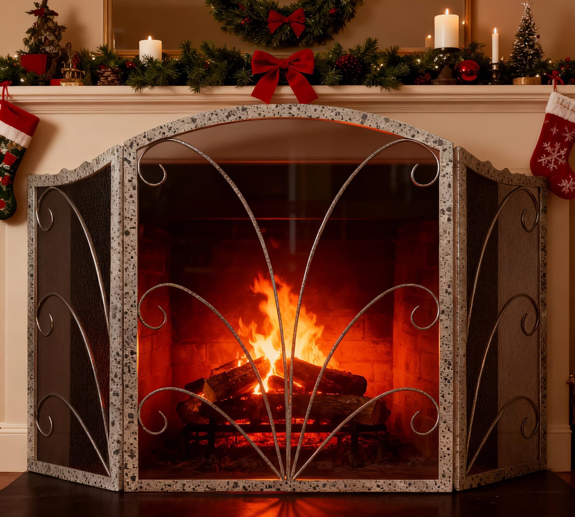 Afoxsos  Three Panel Arched Fireplace Screen Handcrafted Scroll Wrought Iron Spark Guard Cover Pewter Spotted Finish durable