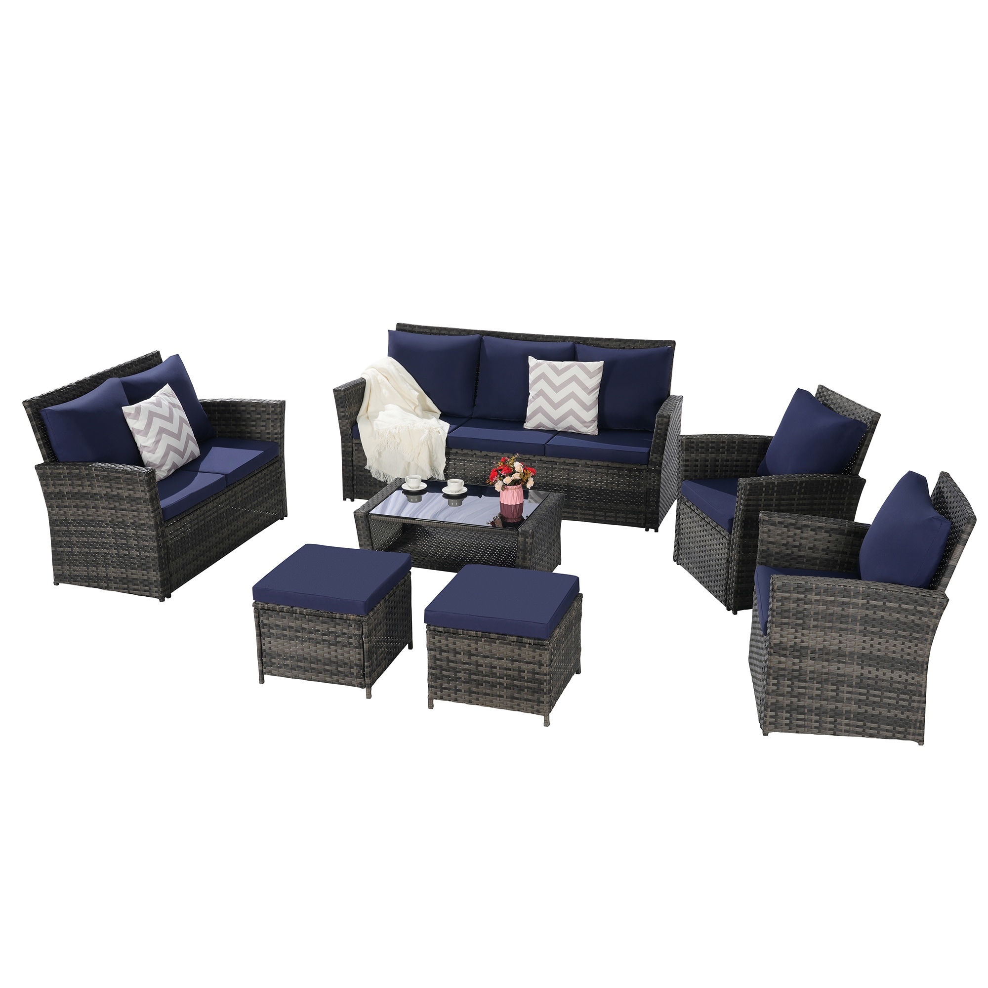SINOFURN SYA020386BK 7 -Piece Rattan Patio Sofa Conversation Set with Blue Cushions
