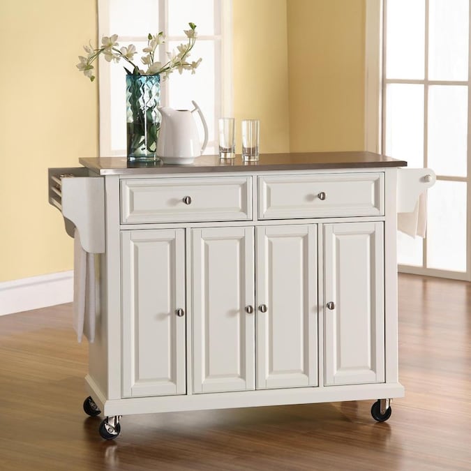 Crosley Furniture White Composite Base, Kitchen Island Cart Stainless Steel Top