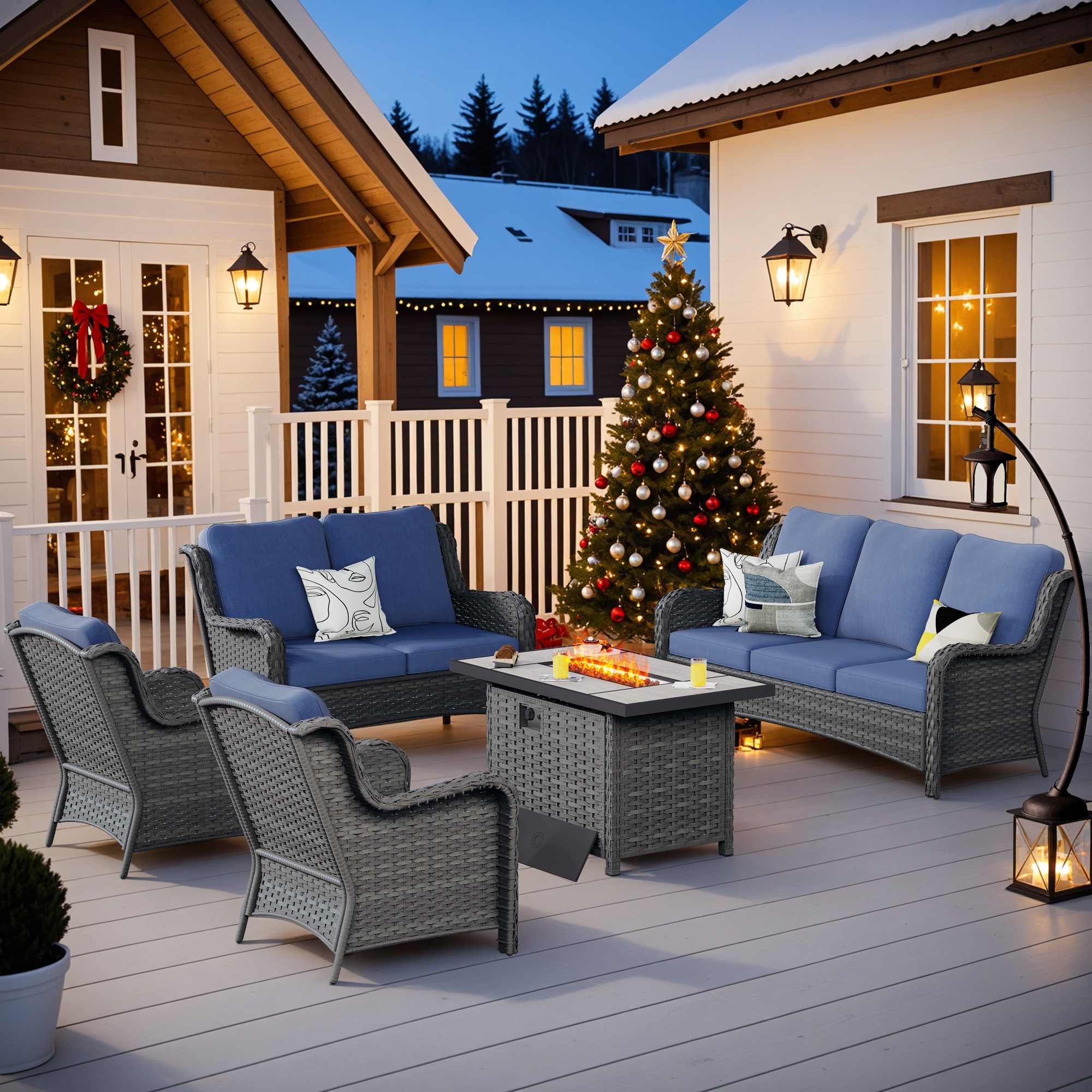 XIZZI XIGXCTL3153-CFP Vesta 5 -Piece Wicker Patio Sofa Conversation Set with Blue Cushions
