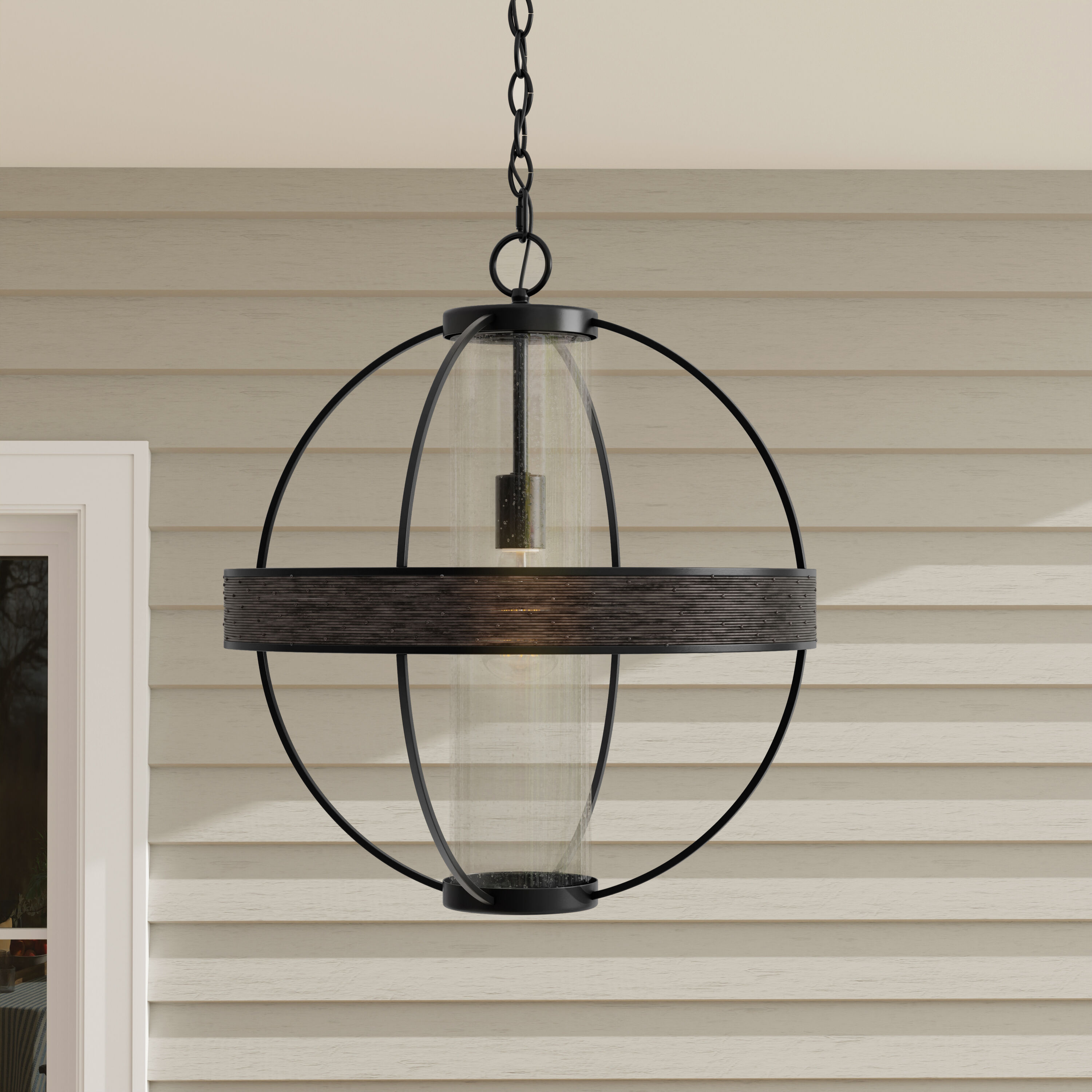 Matte Black Seeded Glass Outdoor Hanging Light