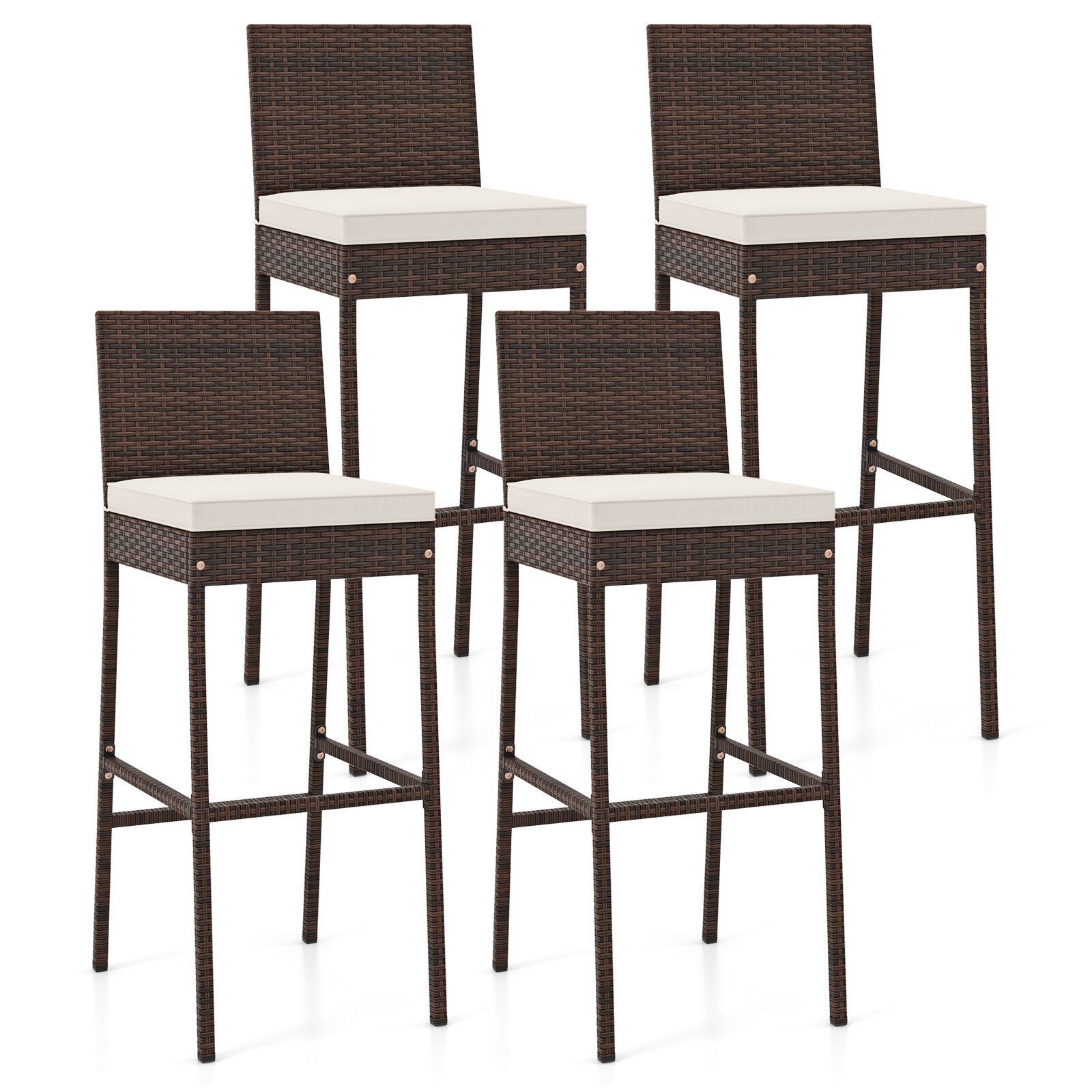 Slickblue D-CO-4-71807WH Set of 4- 30 Inch Patio Wicker Bar Stools Mix Brown and Off White Seat Height Swivel Bar Stool with Back for Patio or Poolside