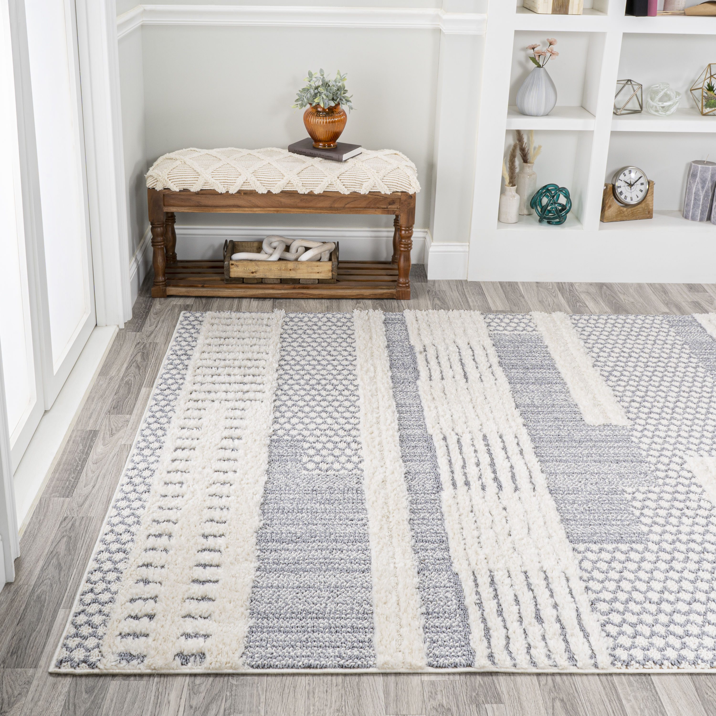 Gray and Cream Geometric High-Low Shag Area Rug