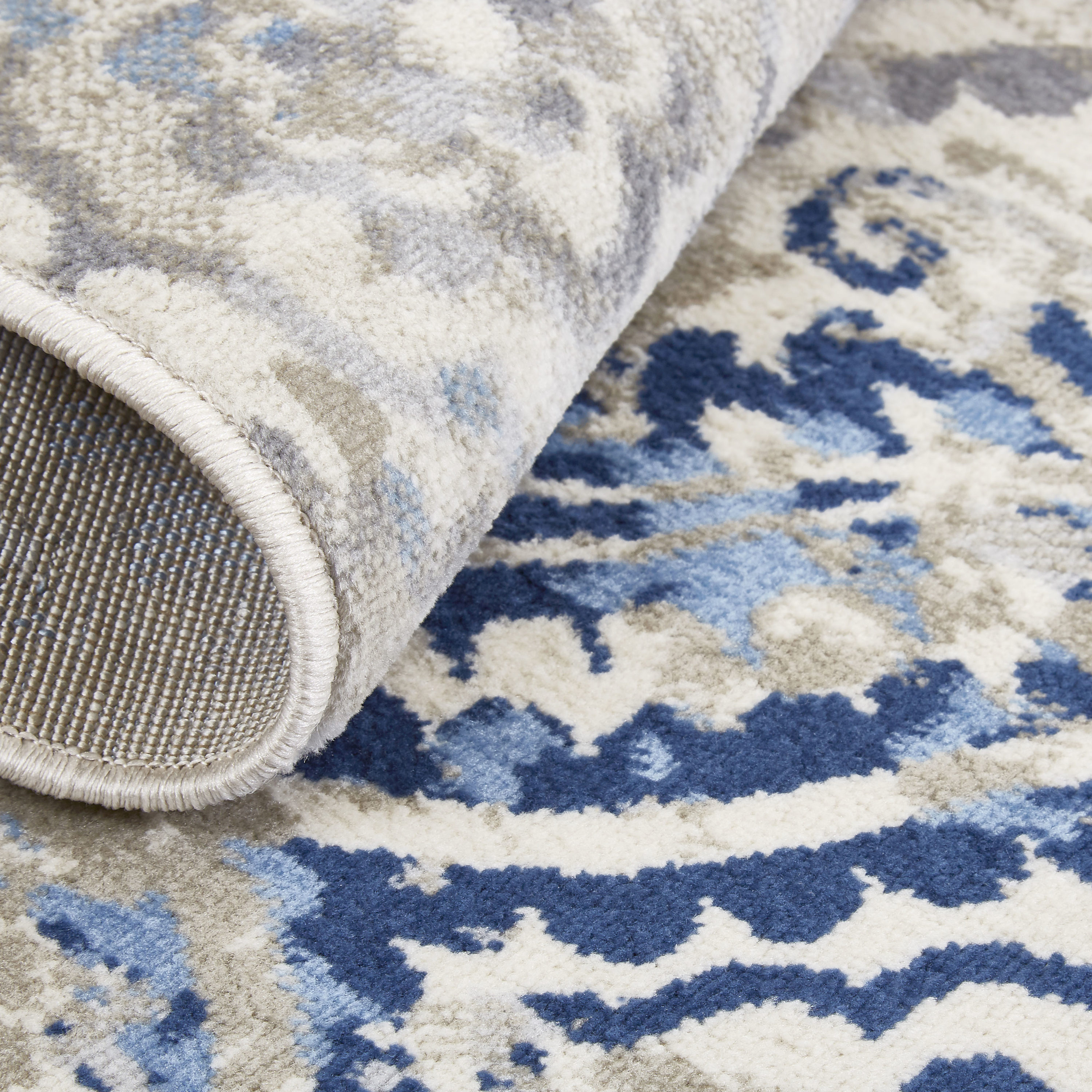 Ivory and Blue Moroccan Damask 9' x 12' Area Rug
