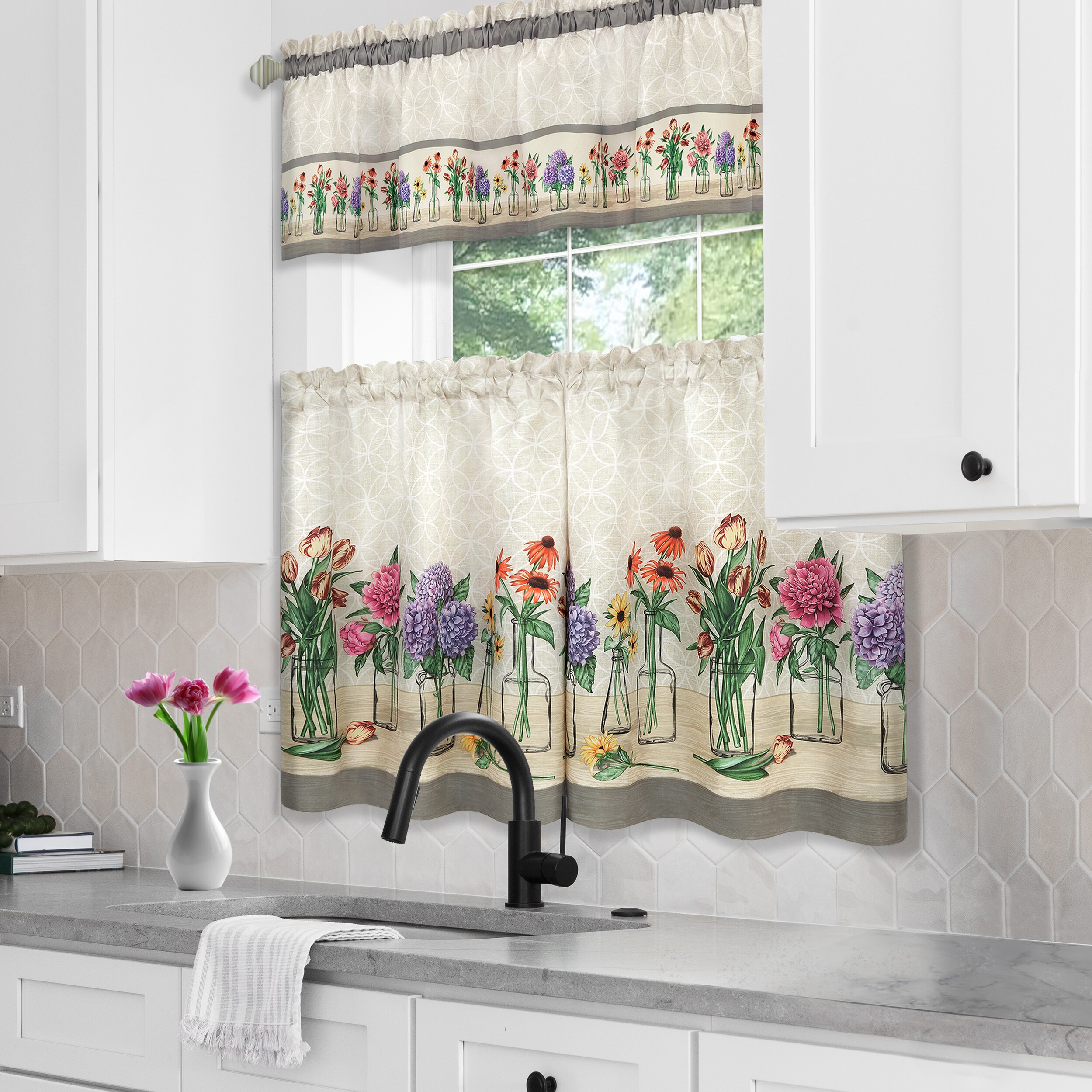 Garden Blooms Floral Print Polyester Tier Curtains with Valance, 58" x 36"
