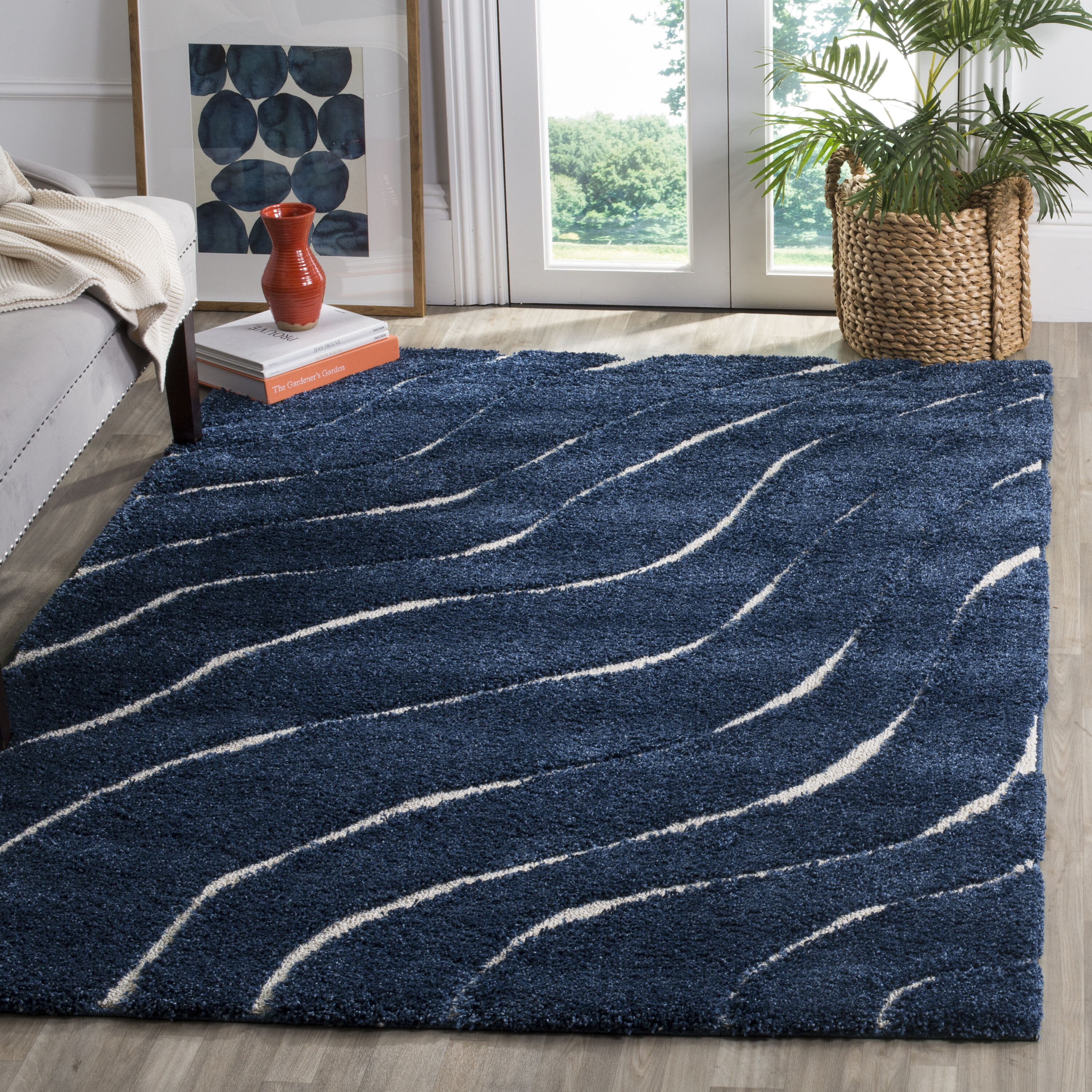 Safavieh SG472-6511-8 Florida Waves Shag 8 x 10 (ft) Loomed Polypropylene Dark Blue/Cream Rectangular Indoor Abstract Area rug