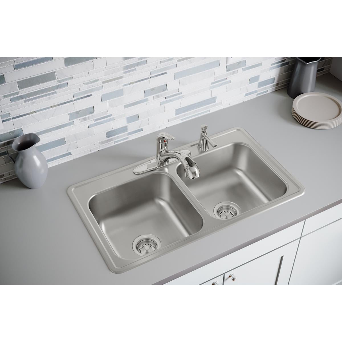 KOHLER Undermount 33-in x 22-in Stainless Steel Double Offset Bowl 4-Hole  Kitchen Sink in the Kitchen Sinks department at
