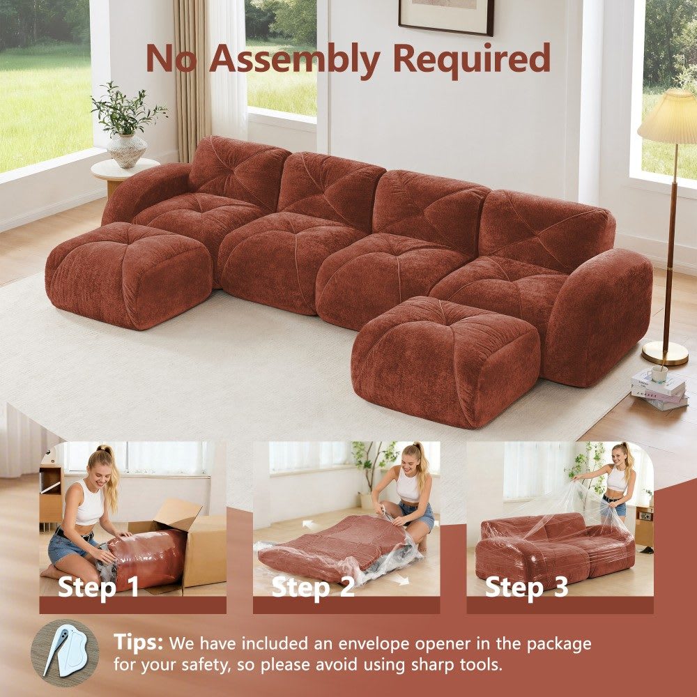 Coolbibila 141-in Red Velvet U-Shaped Cloud Couch Modular Sectional ...