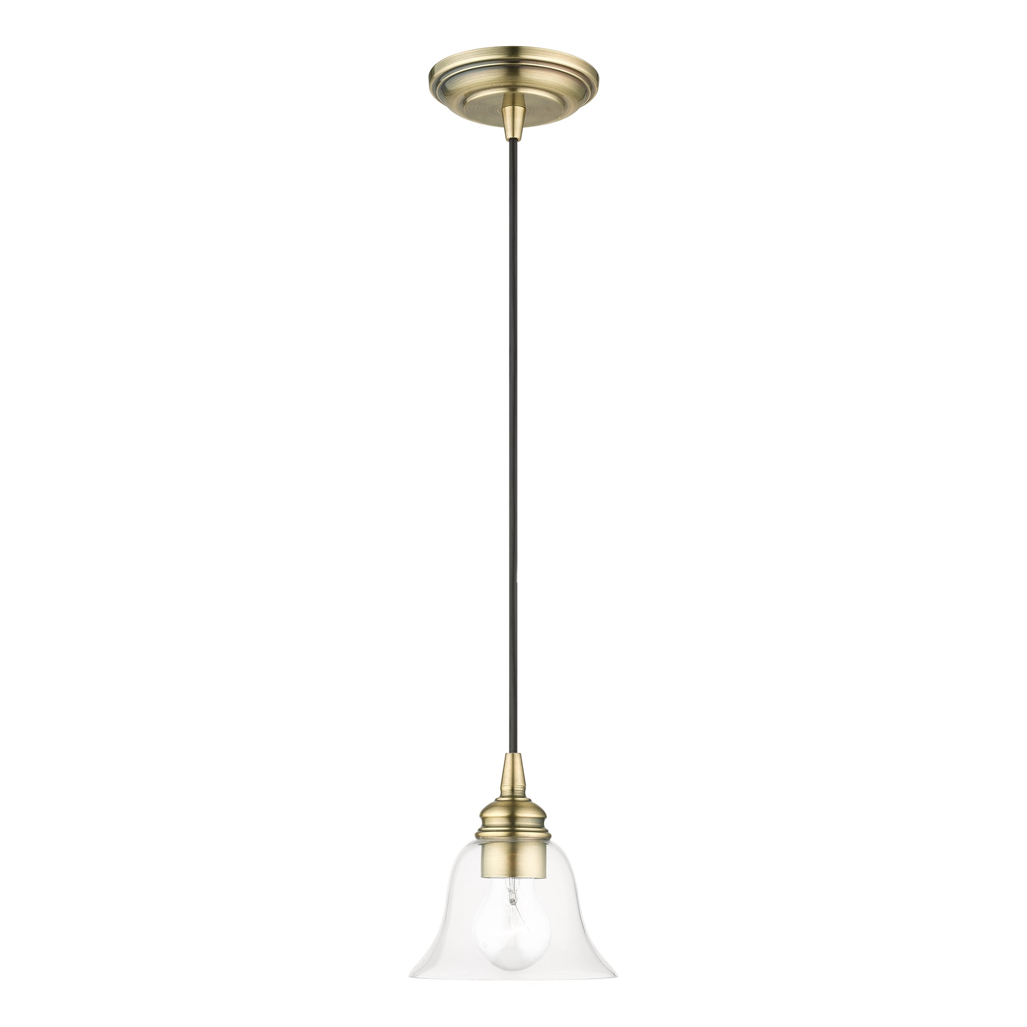 Transitional Hand-Blown Clear Glass Pendant in Antique Brass