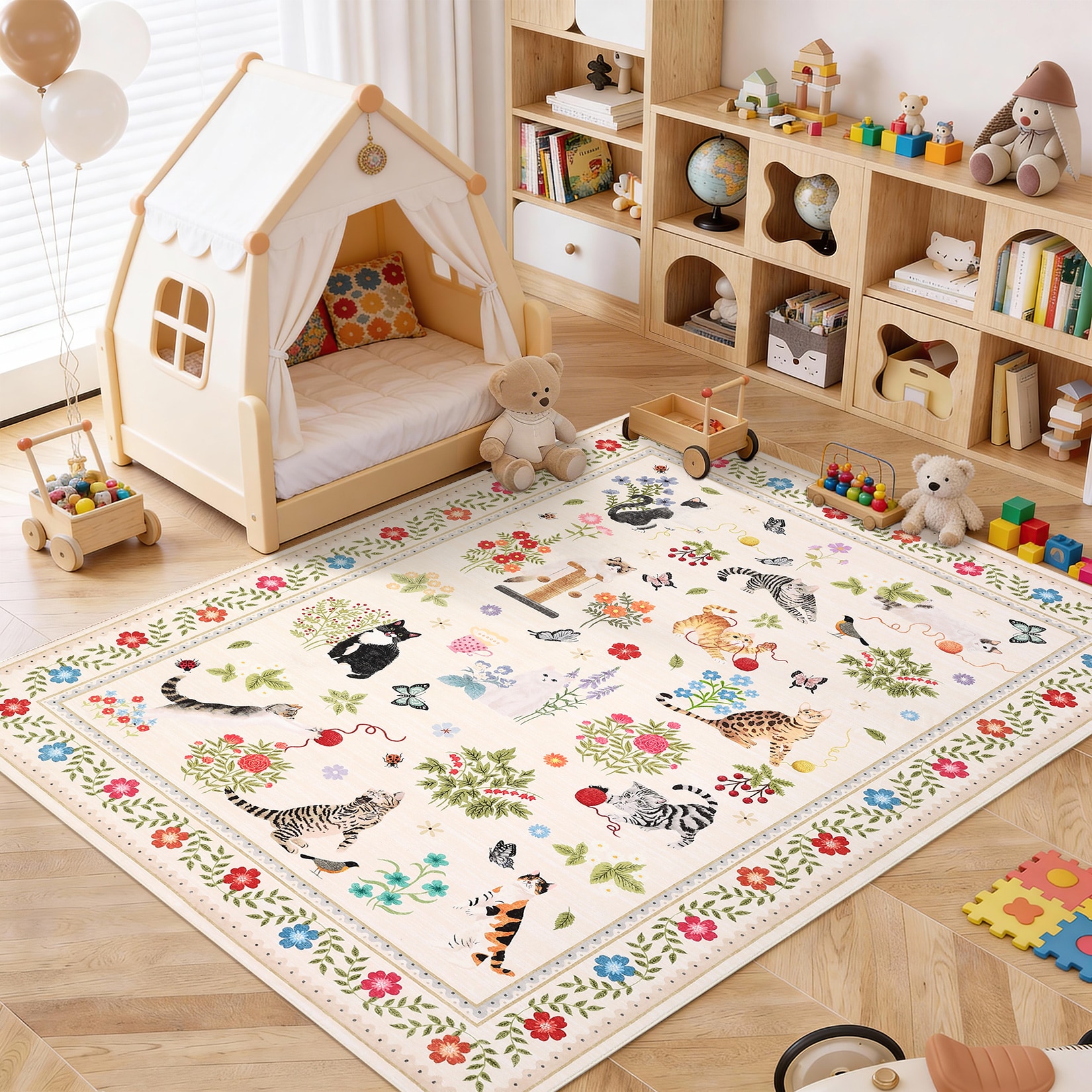 Garvee 5 x 7 ft Beige Rectangular Cute Cat Print Soft Non Slip Machine ...