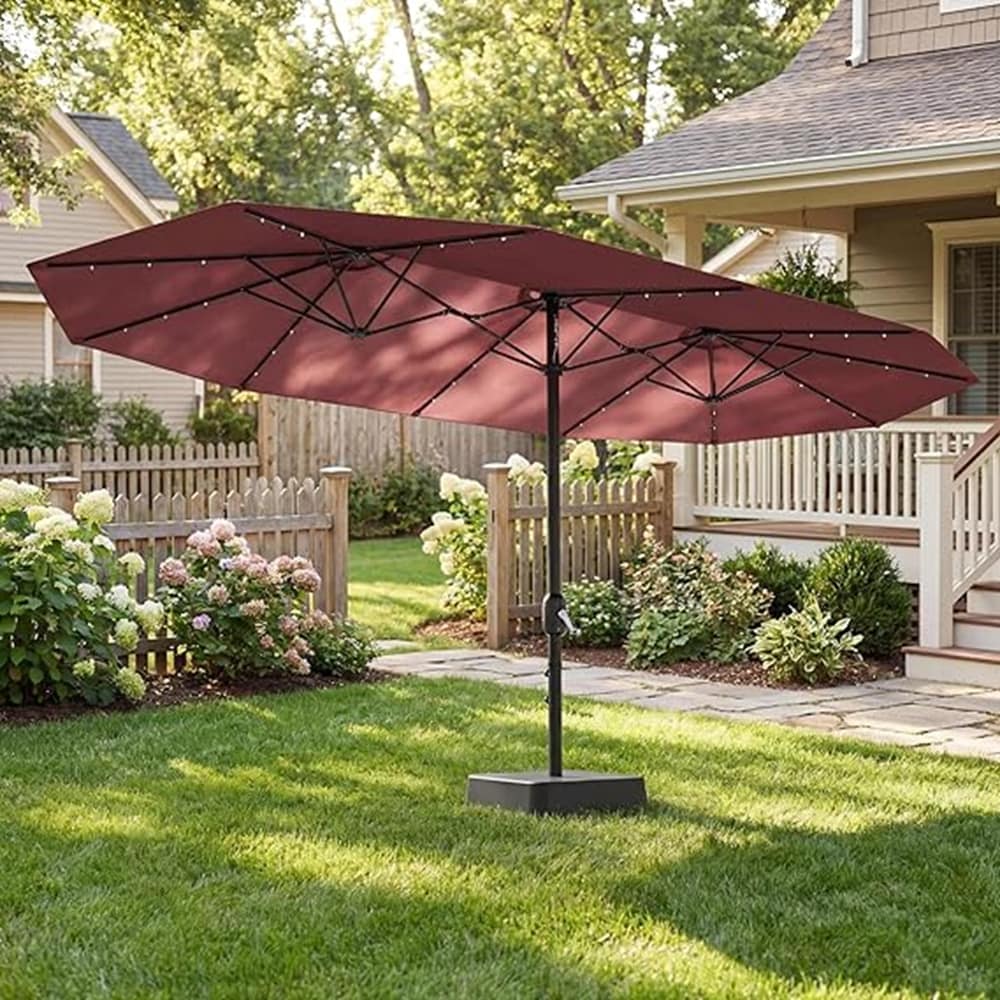 15FT Double-Sided Rectangular Patio Umbrella with Solar LED Lights and Base UV-Resistant Waterproof Canopy 12 Ribs Heavy Duty Frame Burgundy