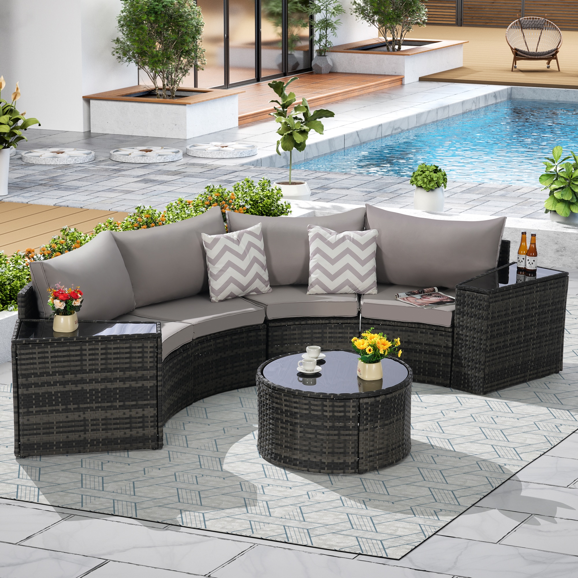 Boho Havens 7 Piece Half Moon Sectional Round Patio Sofa Set with ...