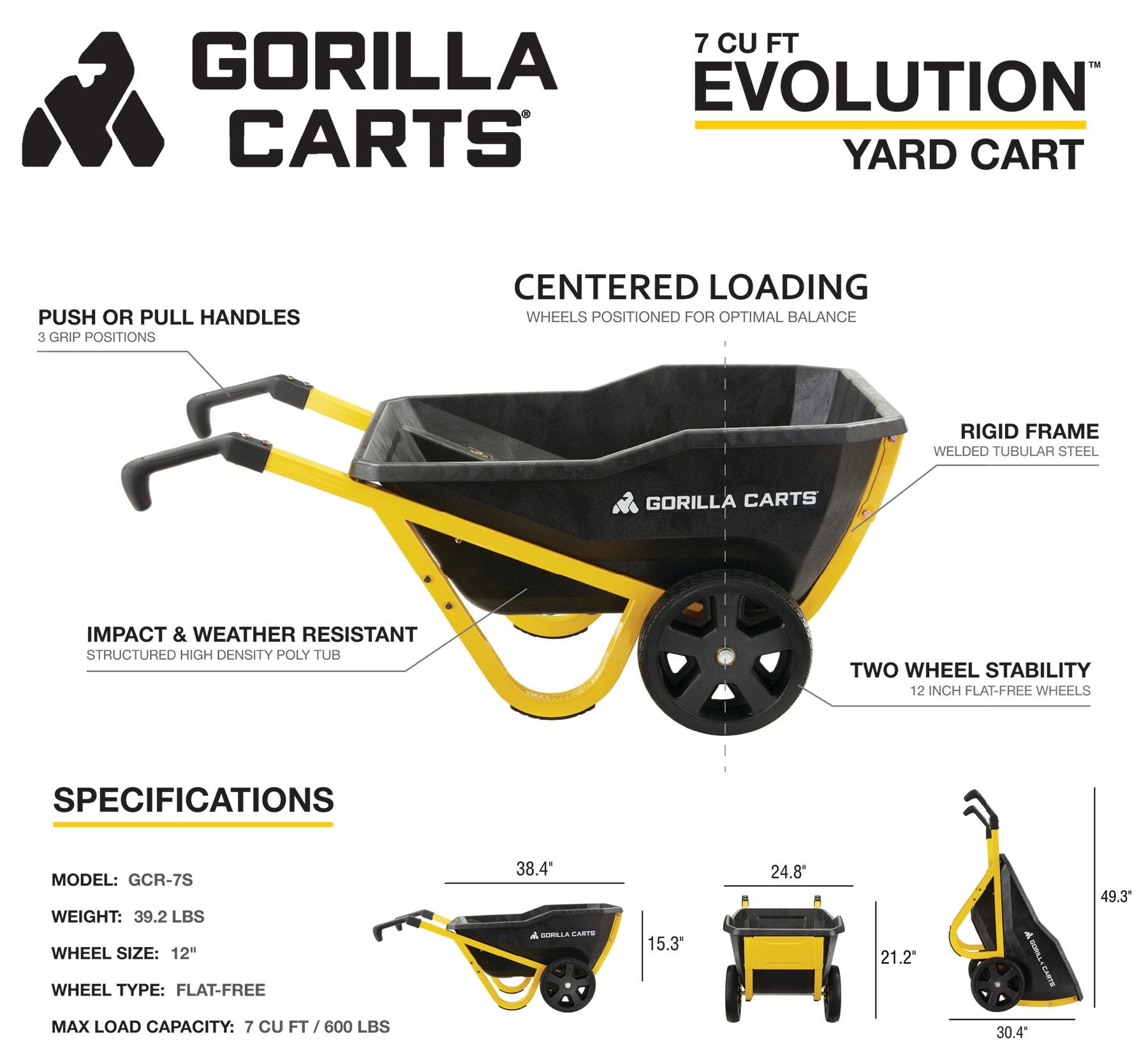 Gorilla Carts 10 Cu Ft Poly Evolution Yard Cart - Black, Push/Pull