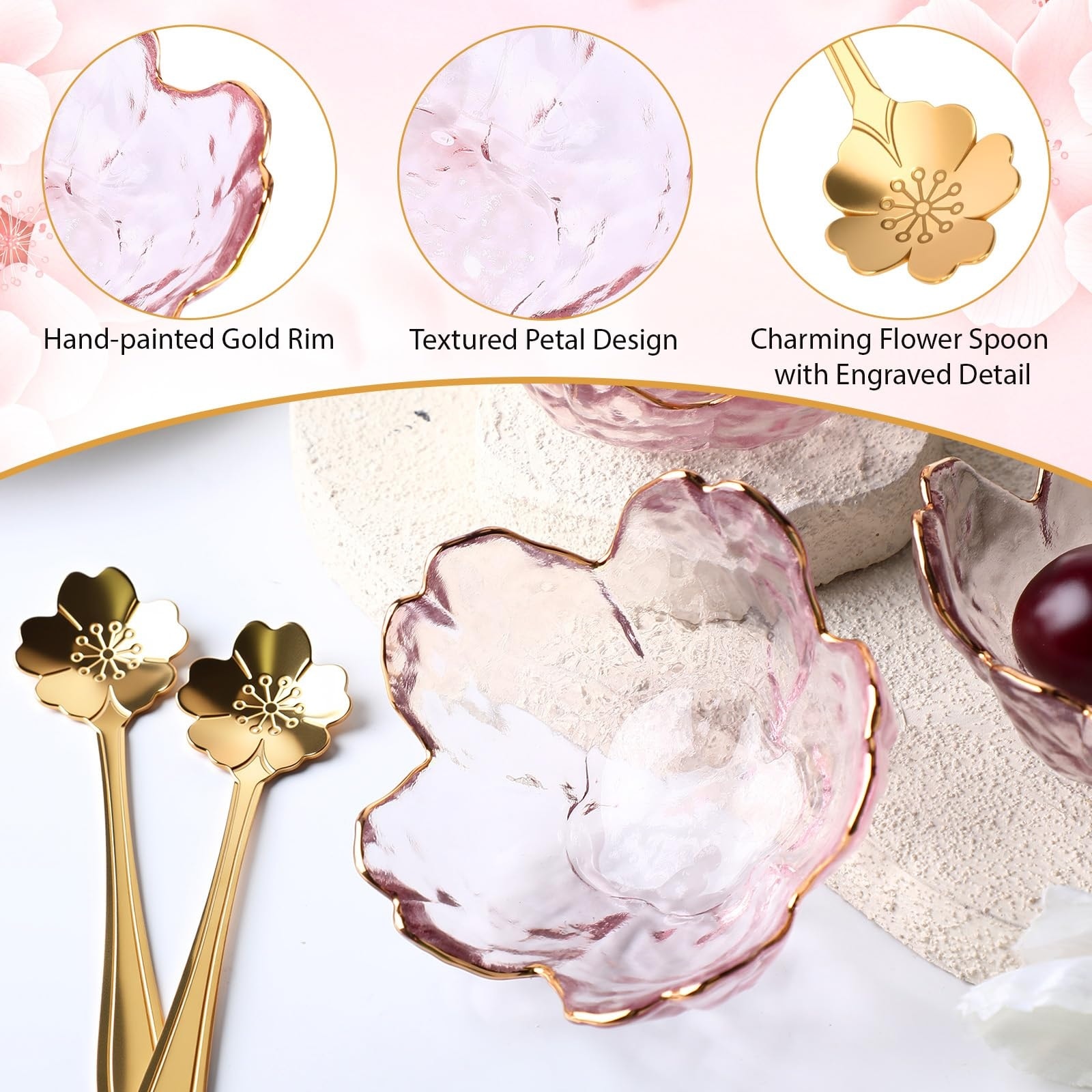 Aoibox  Set of 8 Pink Cherry Blossom Glass Mini Bowls with Gold Rim and Flower Shaped Spoons for Dipping Sauces