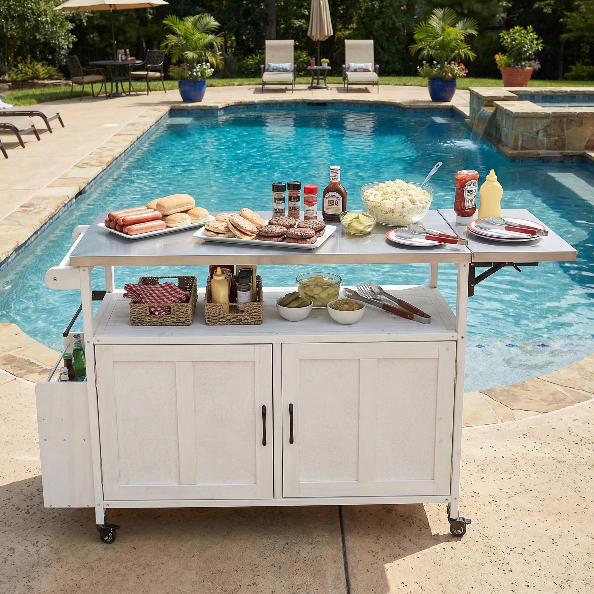 HyperDrop Cart B-0P1Q2Q1P6X6T Outdoor Foldable Grill Prep Table Kitchen Island Mobile Cart with Lockable Wheels Storage Towel Rack White