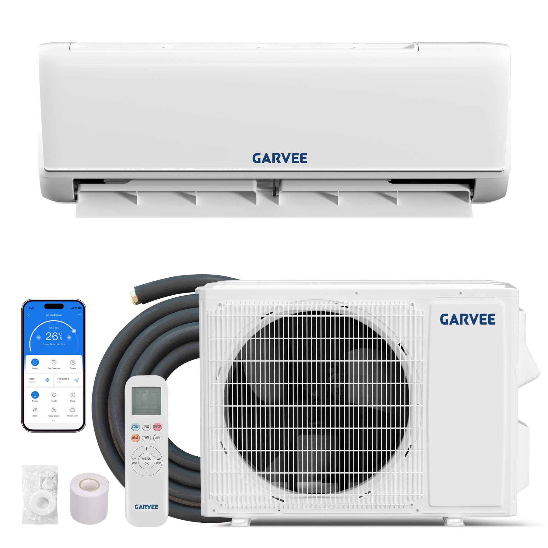 GarveeLife Mini Split AC Heat Pump 9000 BTU 18.5 SEER2 208/230V WiFi Smart Phone Control Compatible with Alexa Cool and Heat Room Up to 450Sq ft