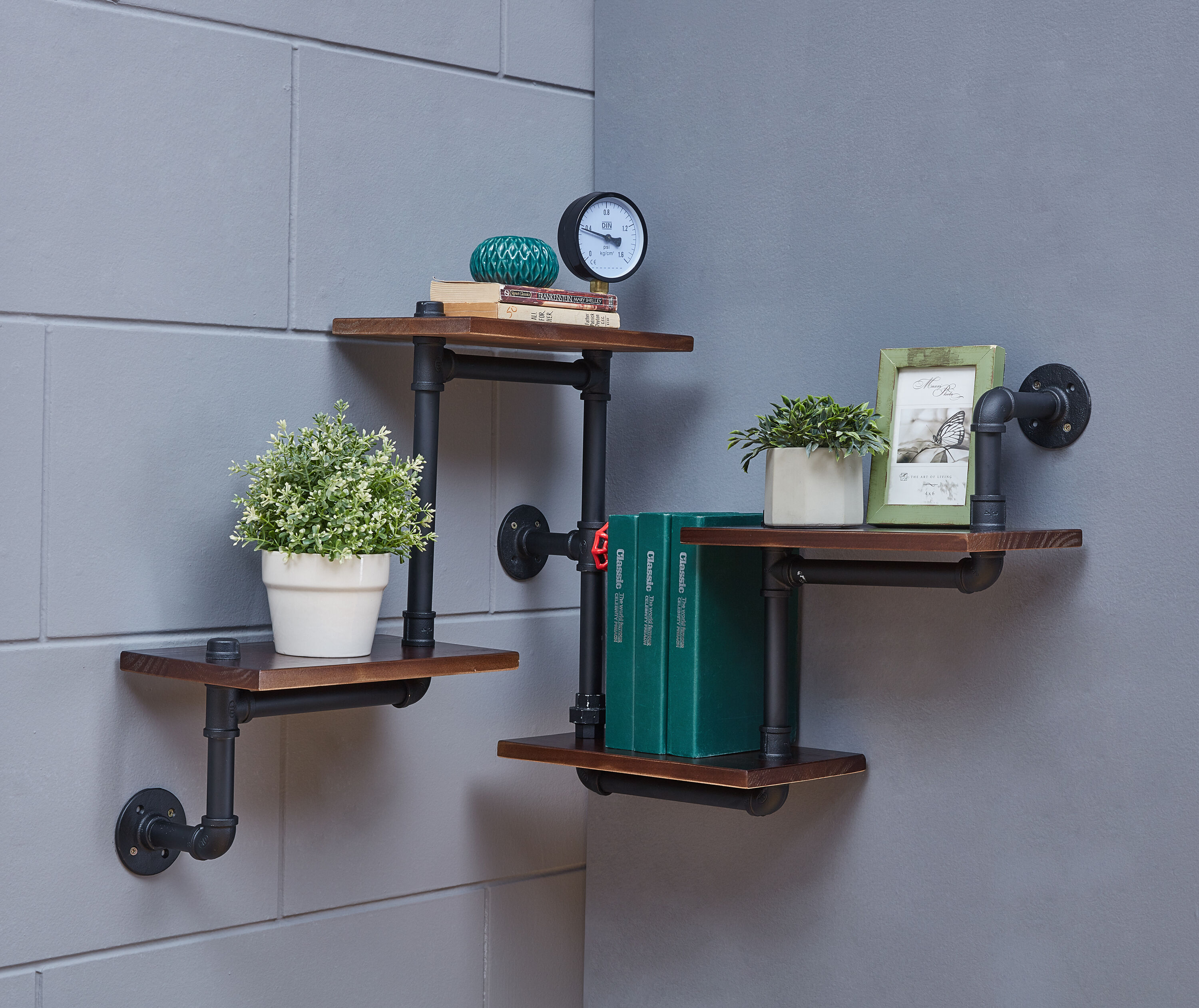 Industrial Chic 26" Black Iron and Wood Wall Shelving Unit