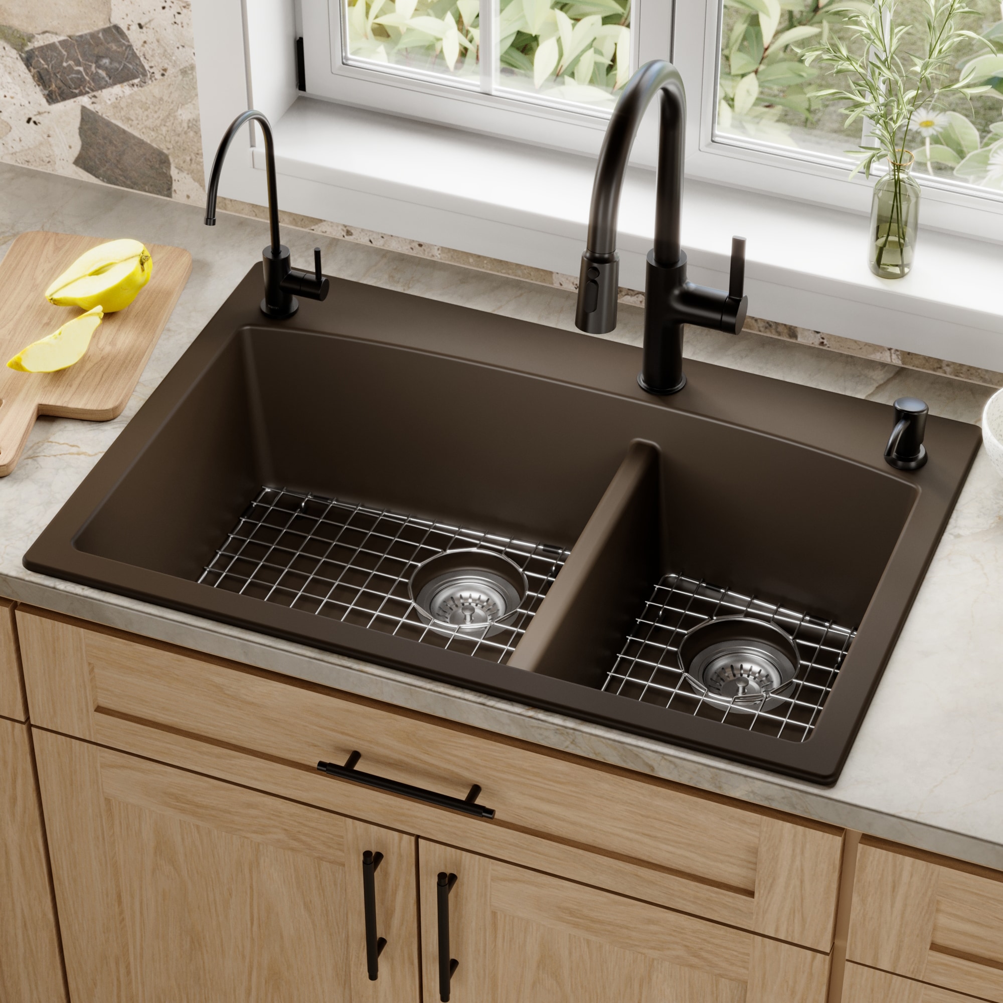 Karran - Drop-in or undermount 33-in x 22-in Quartz Double offset bowl Kitchen Sink