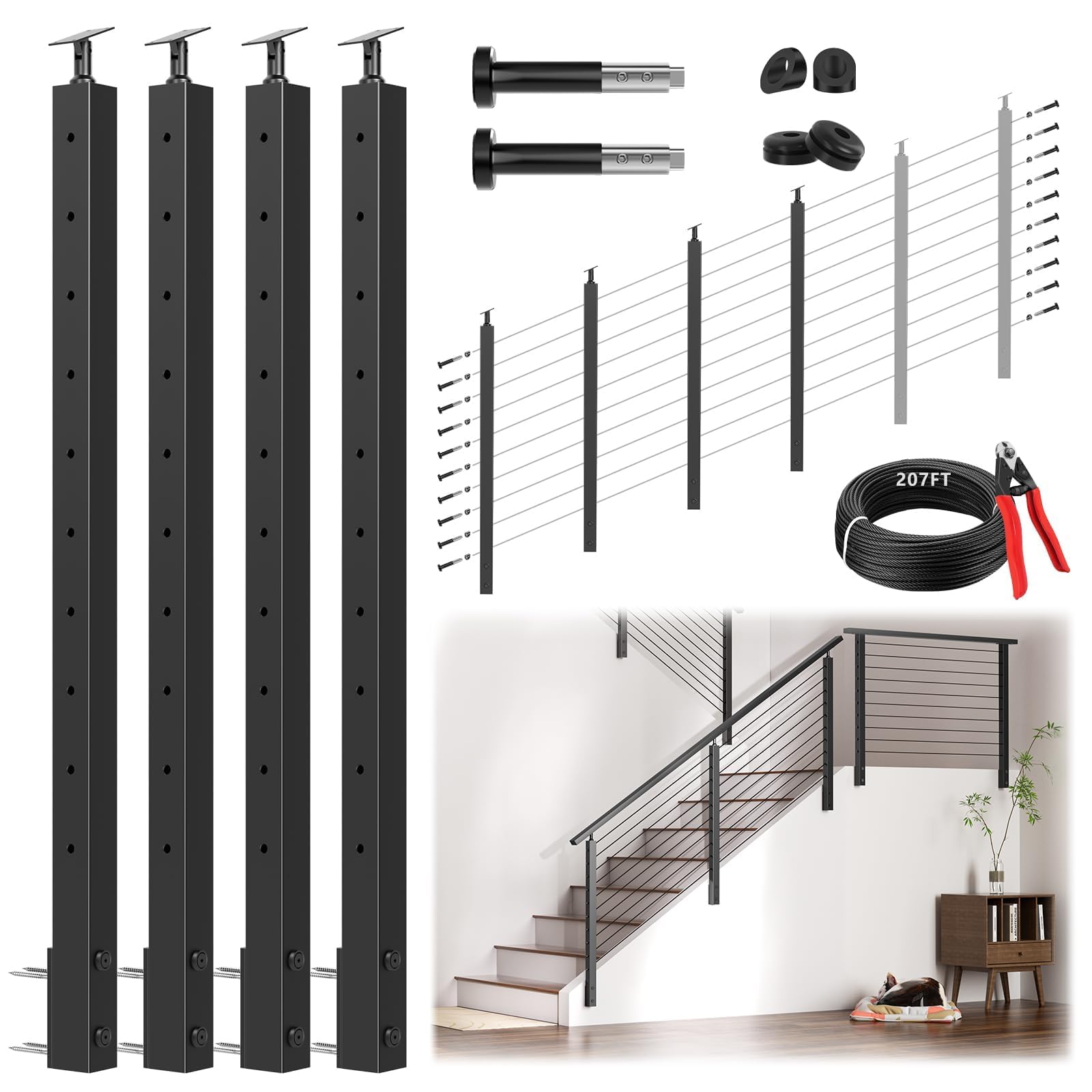 Phyfalip  36 Inch All Black Side Mount Stair Cable Railing Kit 4 pack Space Saving Fascia Mount System Includes Posts 207FT Cable 20 Swageless