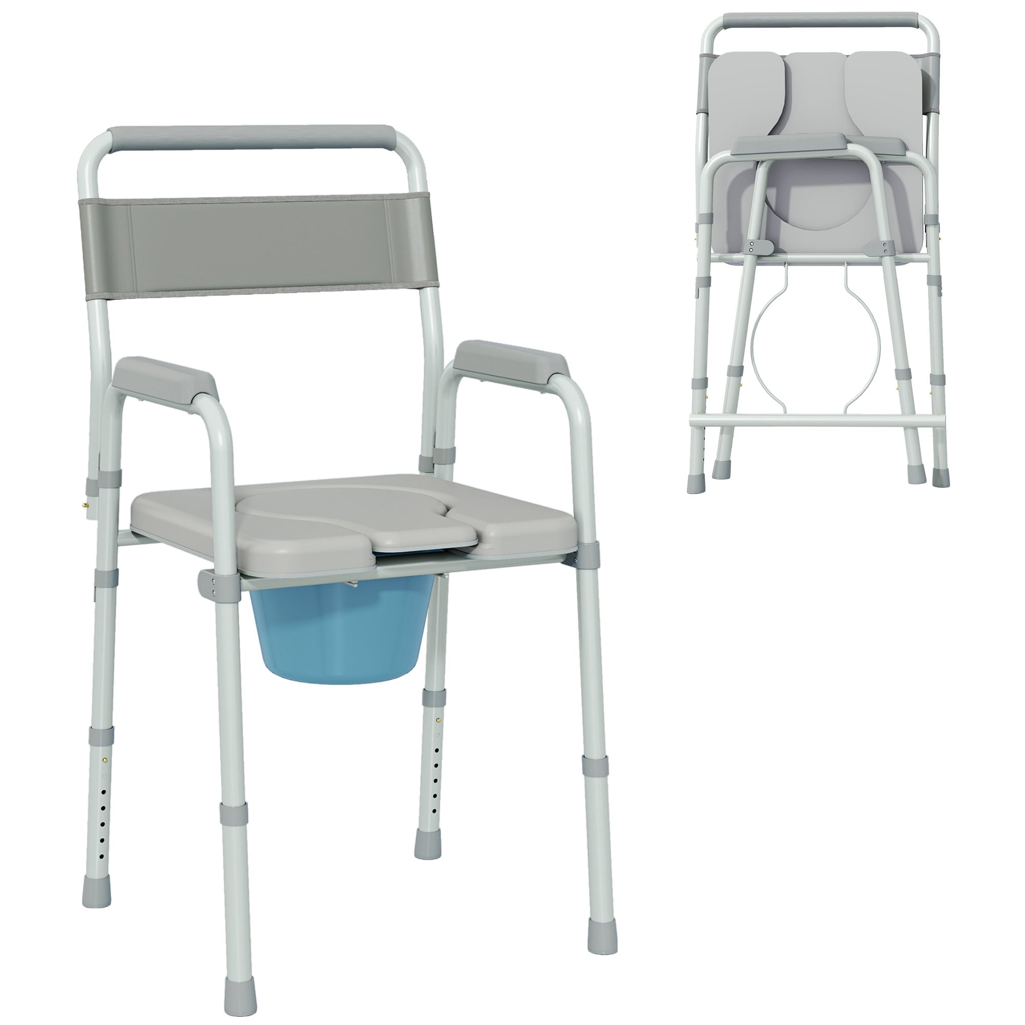 HomCom 4 in 1 Bedside Commode Shower Chair Portable Toilet Raised Toilet Seat with Handle for Seniors Adults Handicap Adjustable Height Gray #713-188V00GY