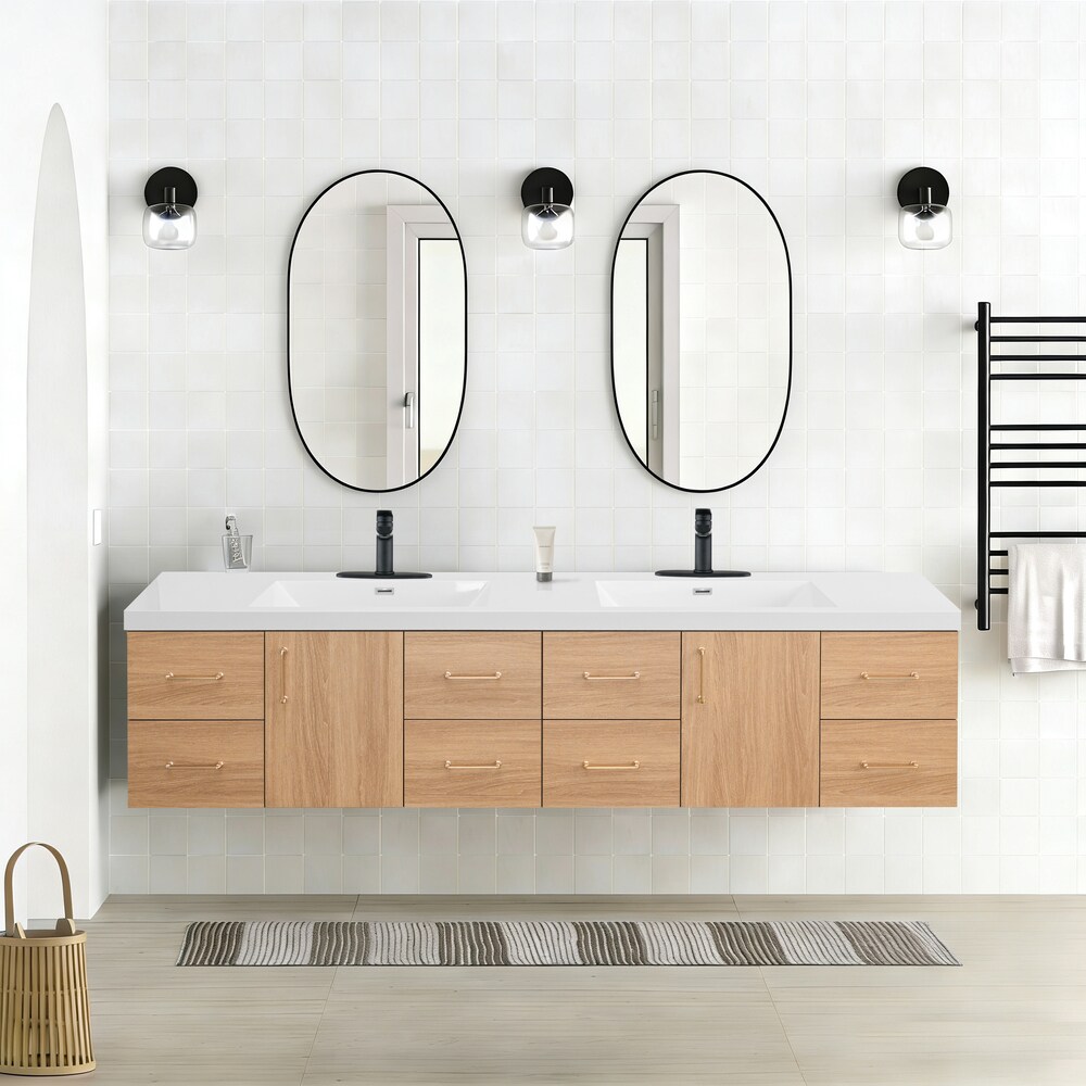 Vanityfus Modern Bathroom Vanity 84 in Wall Mounted Floating Cabinets with White Marble Top Double Sinks