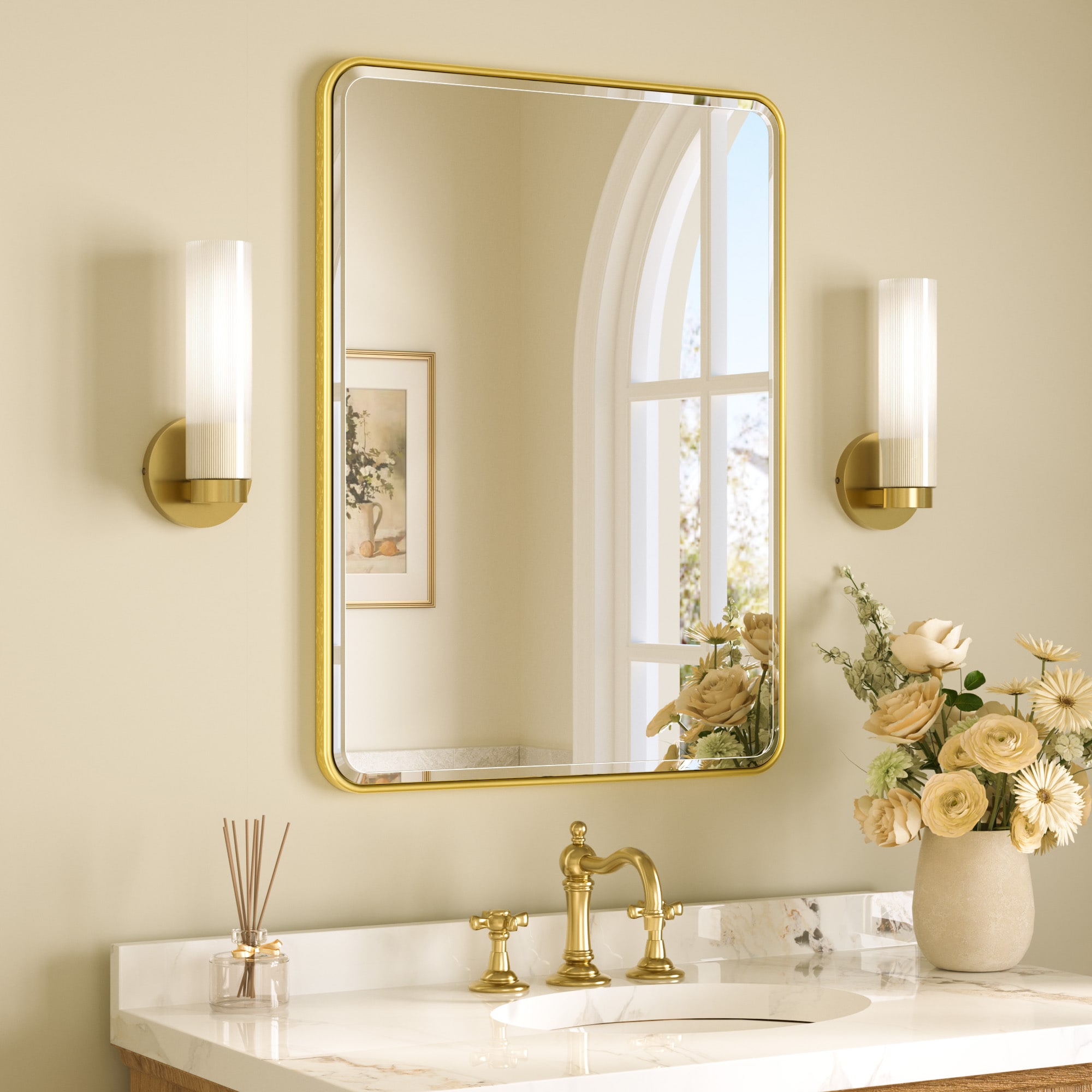 TETOTE 24x32 Inch Brushed Gold Framed Rectangle Bathroom Vanity Mirror #LSC-TE-2432SG-B82