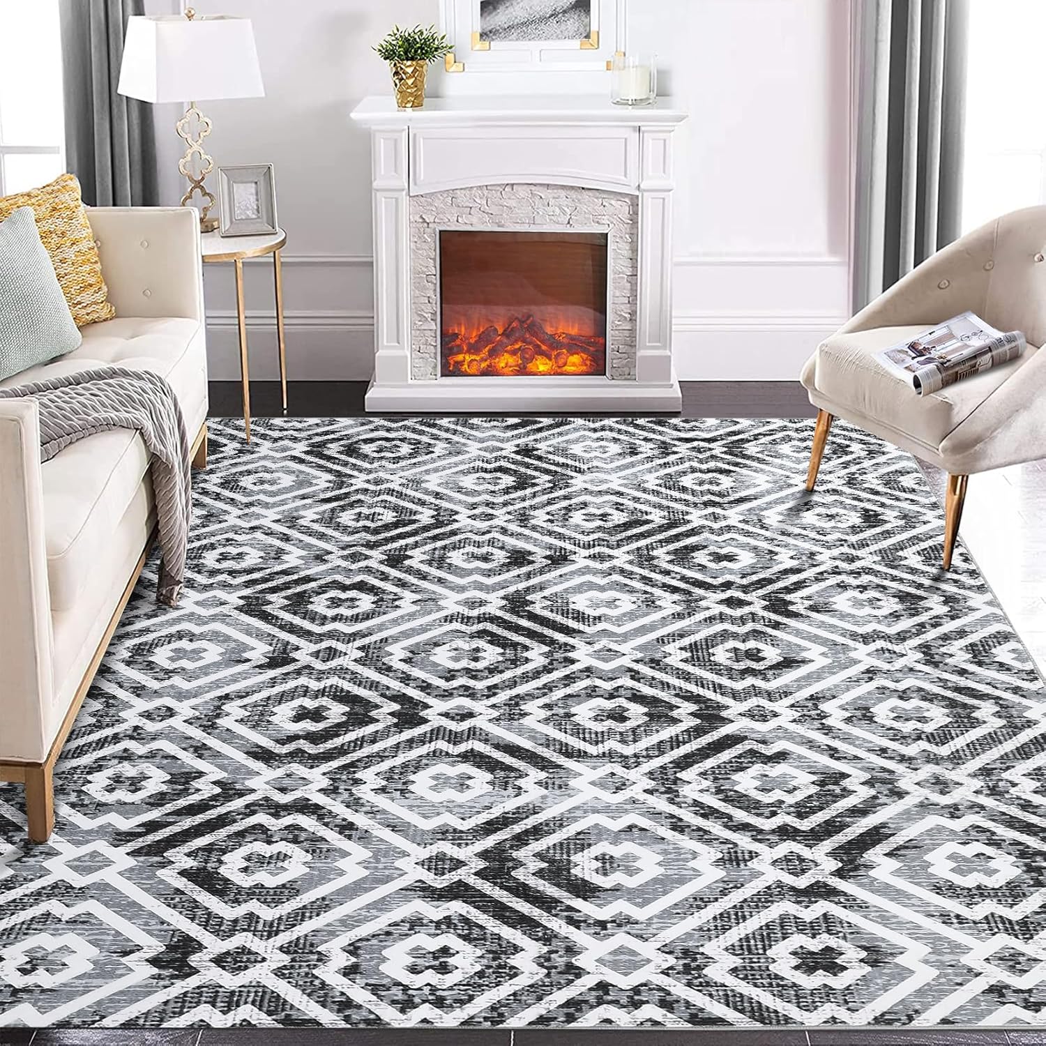 Qeetex LXL-PHO-0ZFINSVU Washable Area Rug Geometric Trellis Rug Foldable Thin Living Room Bedroom Non Slip Stain Resistant Distressed Carpet Non-Shedding Easy Care Mat for Kitchen Dining Room Home Decor Grey