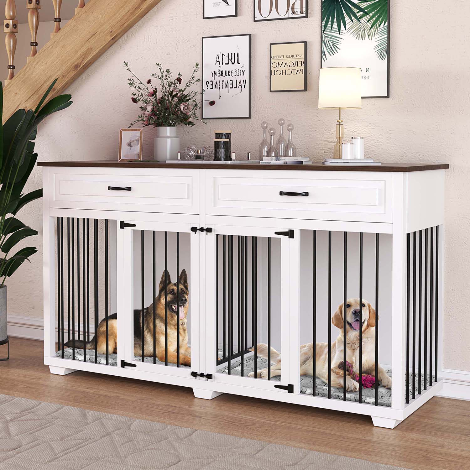 Large Dog Crate Furniture Kitchen Pantry with Storage, Wooden Dog