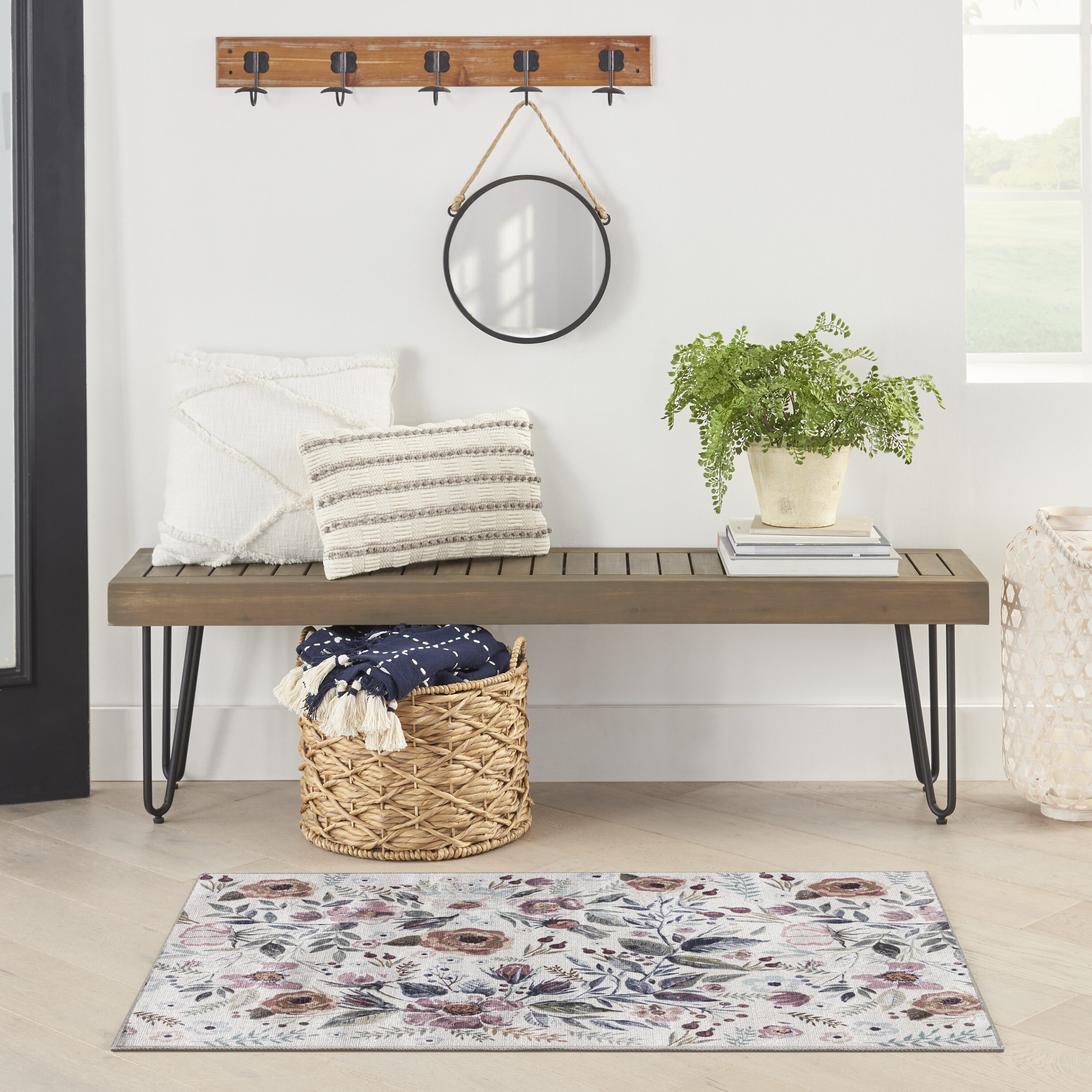 Nourison 099446912107 Washables 3 x 5 (ft) Loomed Polyester Ivory Pink Rectangular Indoor Floral/Botanical Machine washable Area rug