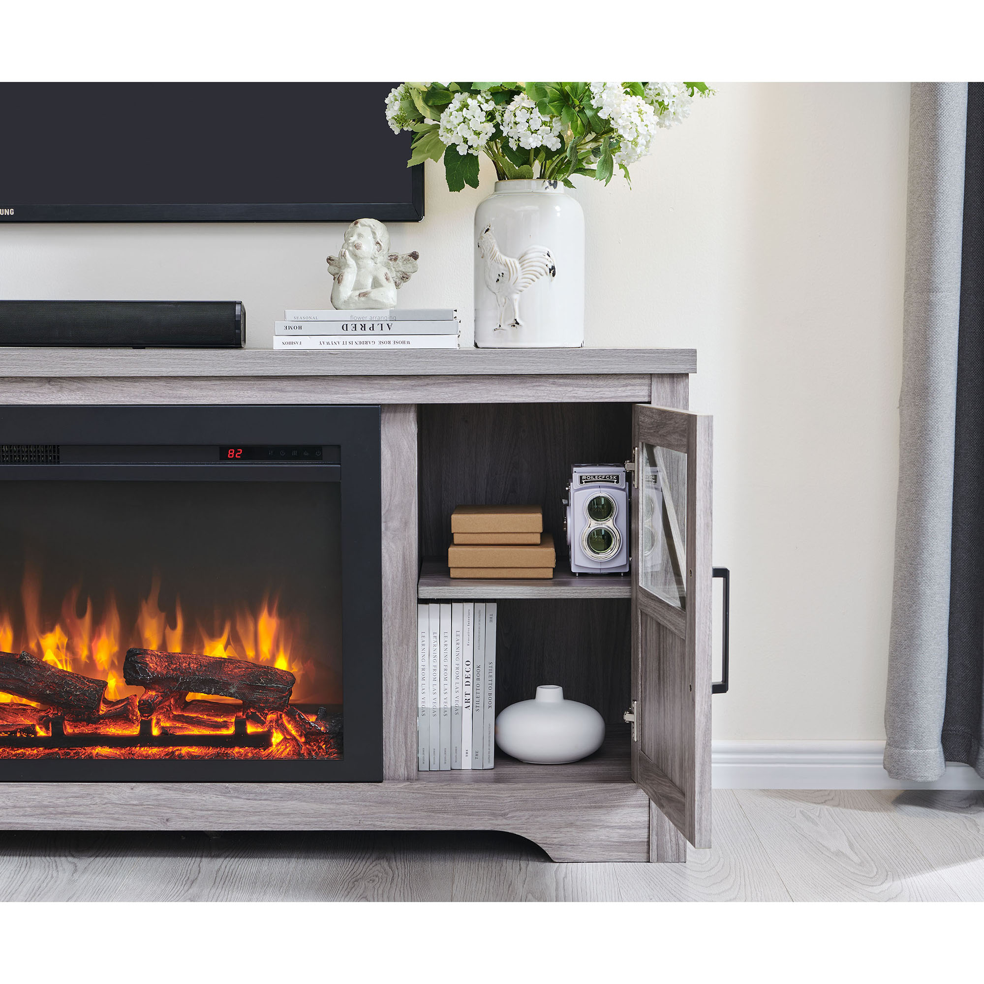 Fun Orange TV Stand with Fireplace Modern/Contemporary Gray Wash 75-in ...