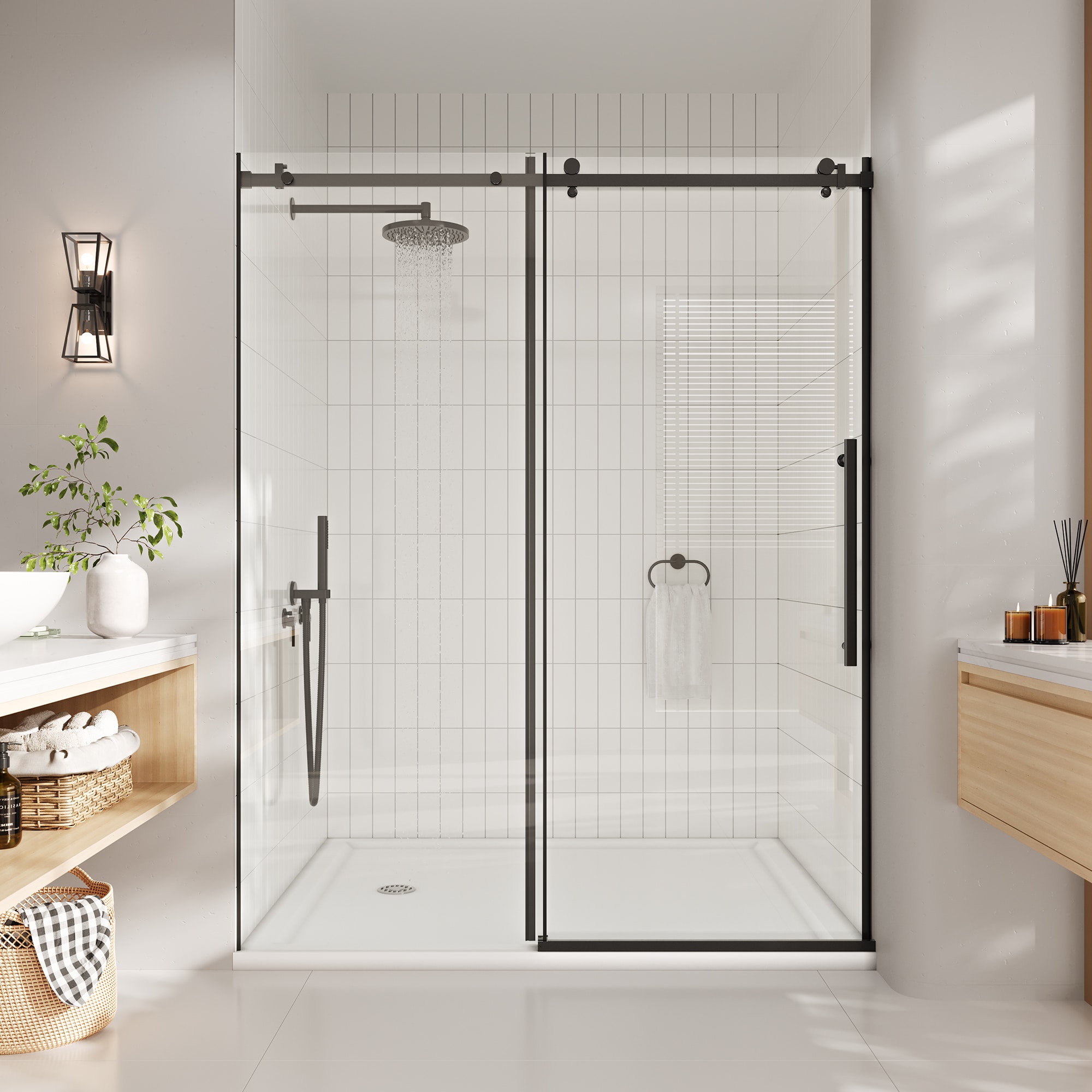 IdealHouse 44-48 in W x 72 in H Frameless Single Sliding Shower Door 5/16 in Clear Tempered Glass with Matte Black Frame Quiet Bypass Operation Reversible Open for Walk-in Shower