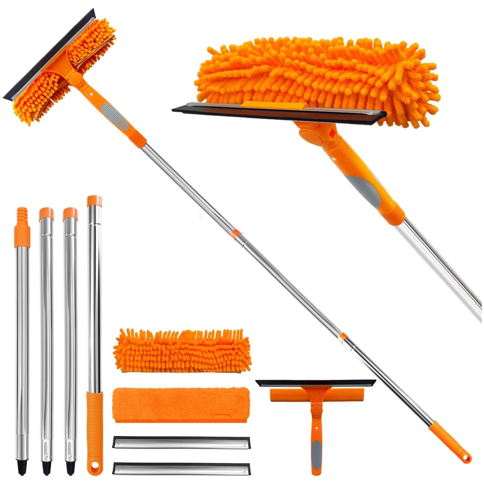 Aoibox  67 Inch 2 in 1 Window Squeegee Cleaning Kit Rotatable Head Extension Pole Microfiber Chenille Scrubber for Indoor Outdoor Glass 1 Kit