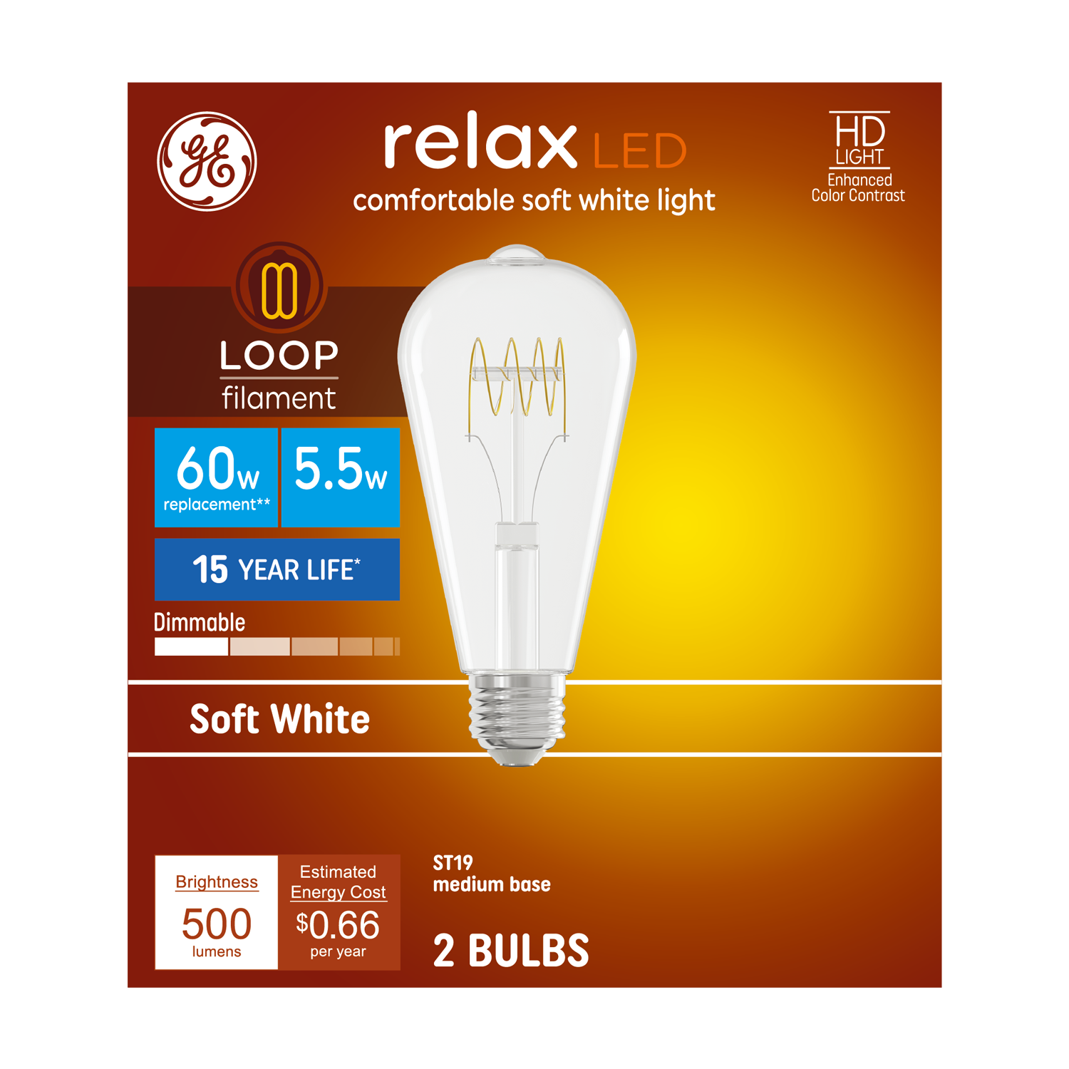 GE Relax 60 -Watt EQ ST19 Soft white Medium screw base E26 Dimmable LED General purpose Light Bulb 2 -Pack