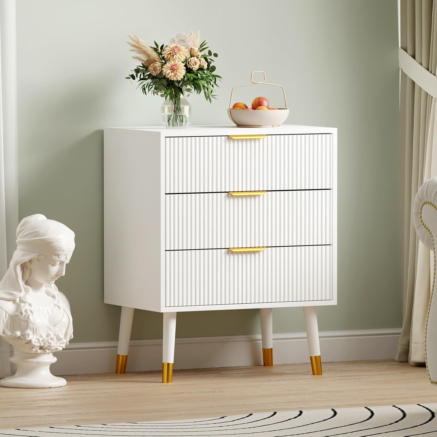Qeetex D23PHO16NBHRUH Polished Metal 3 Drawer Dresser with Metal Handles and Legs Lightweight Space Saving Design for Bedroom Living Room white