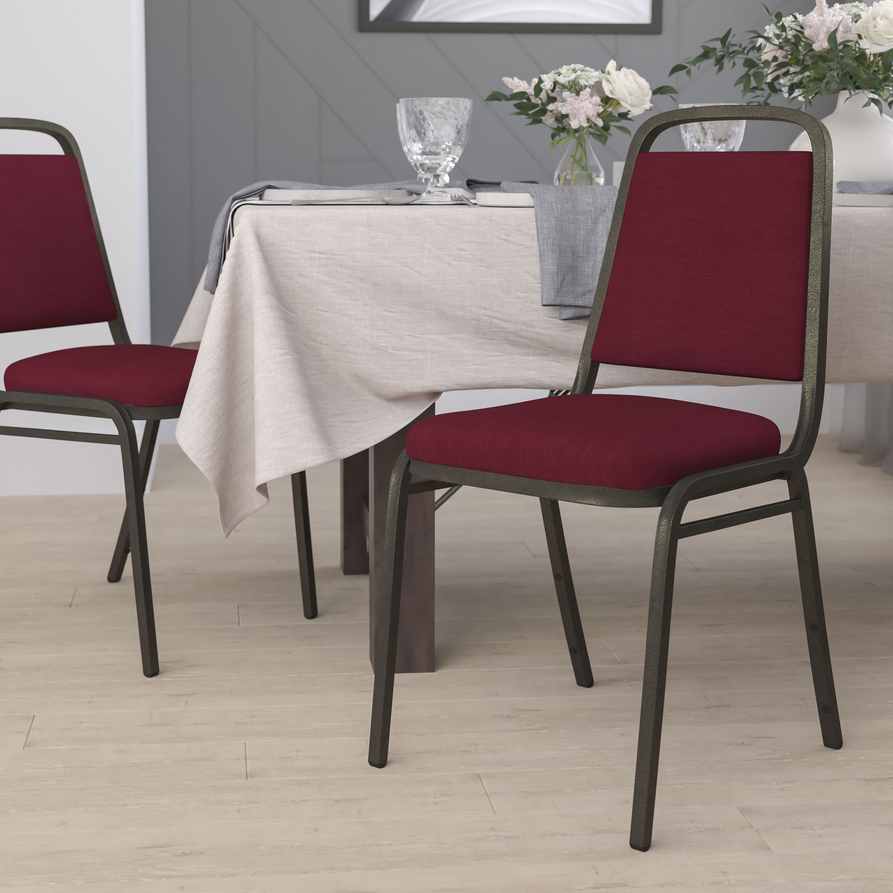 Burgundy Fabric and Gold Steel Stacking Banquet Chair