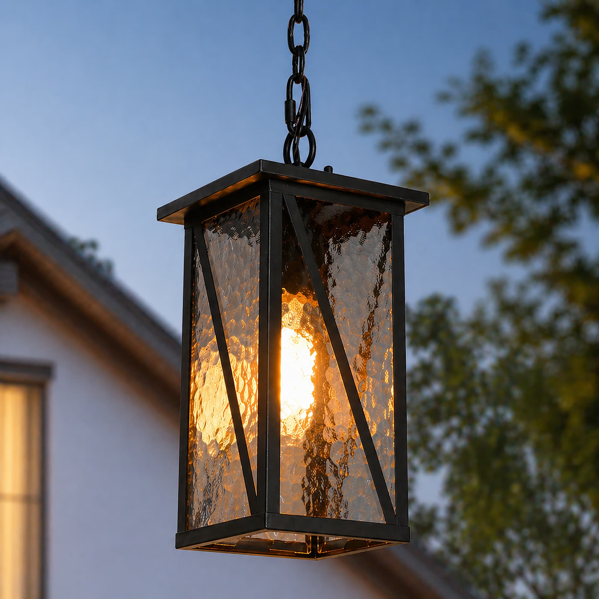 LNC Saturninus 1 -Light Matte Black and Water Glass Modern/contemporary Textured glass Lantern Medium Outdoor Hanging Pendant Light