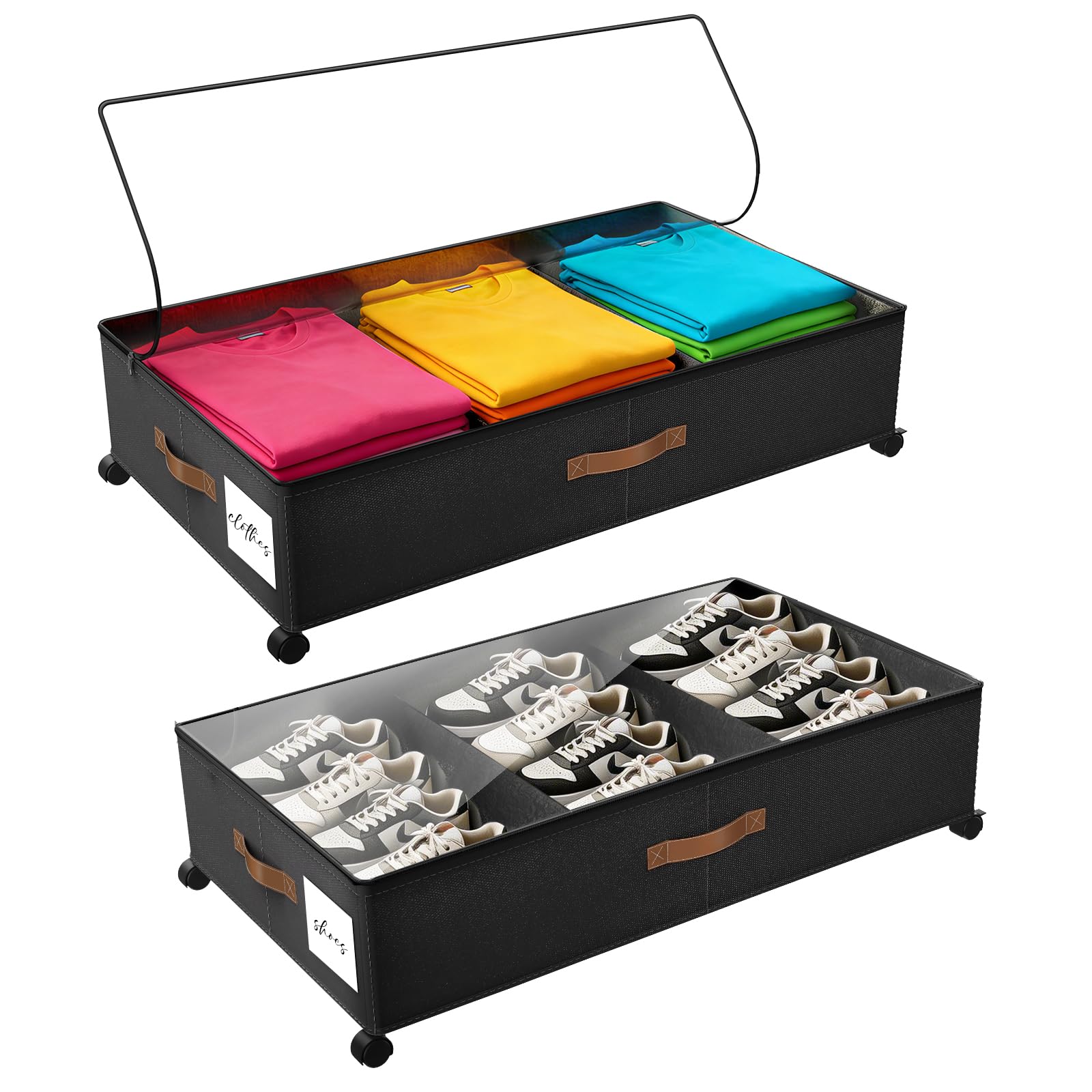 Lukvuzo  Under Bed Storage Container with Wheels Rolling Storage Box Clear Lid Handles 60L 30.9 x 16.9 x 6.7in Black 2 Pack