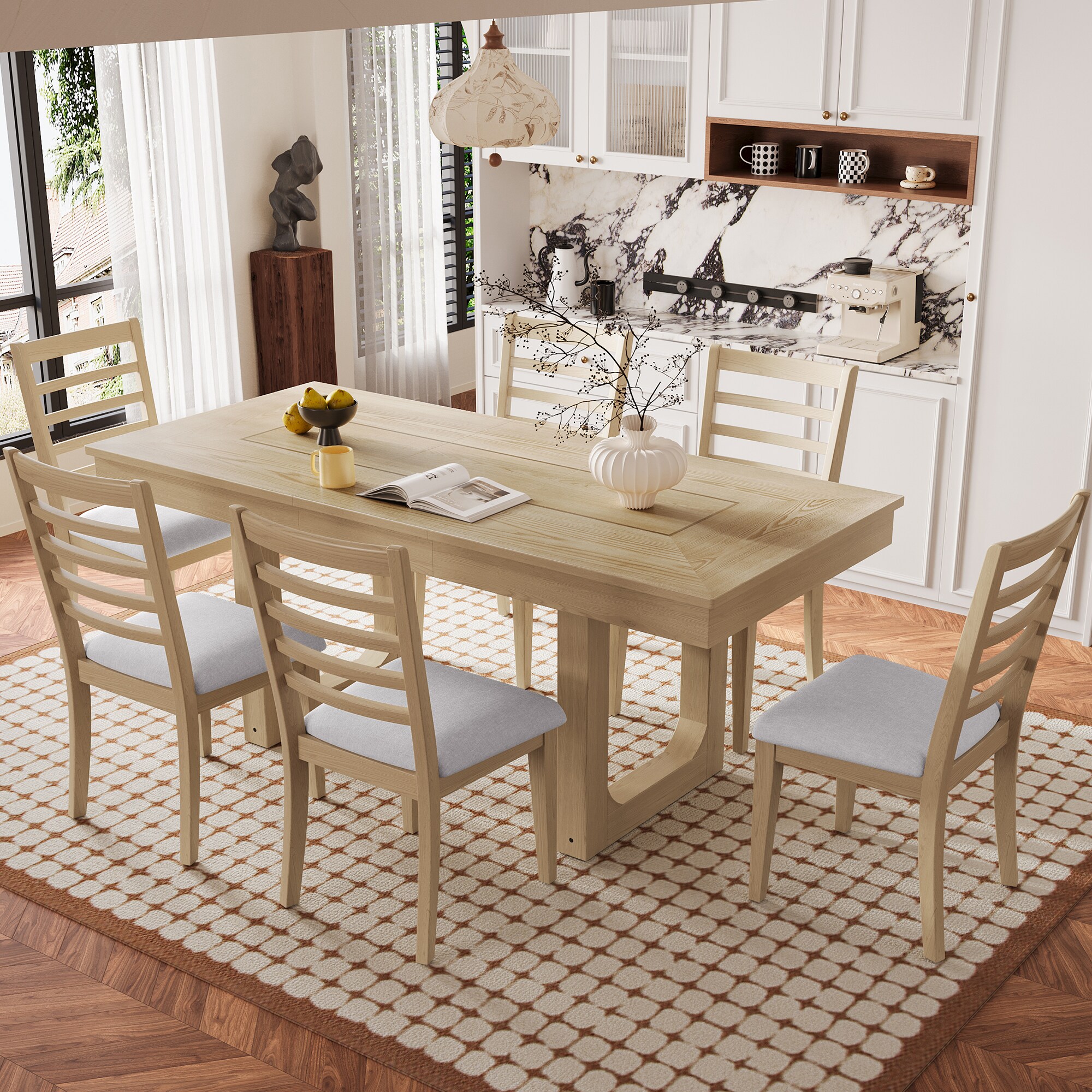 LOVMOR SF-H-N752S000090N 7 Piece Extendable Dining Table Set with 18in Move Leaf 78in Rustic Wooden Kitchen Table and 6 piece Upholstered Chairs