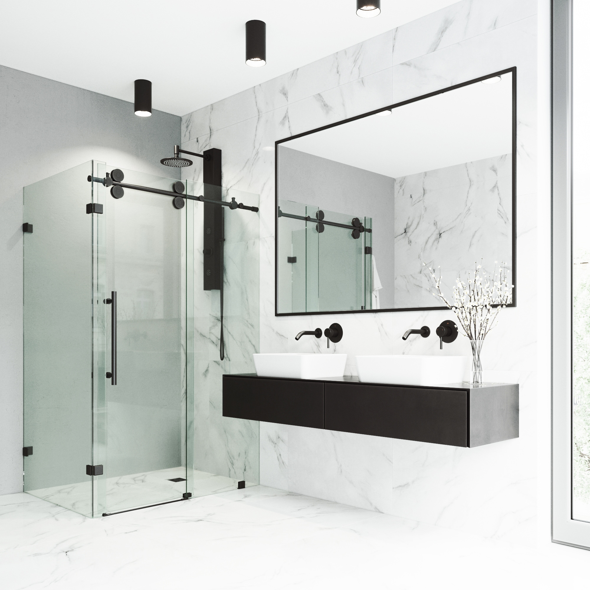 Winslow 46" Matte Black Frameless Sliding Shower Enclosure with Clear Glass