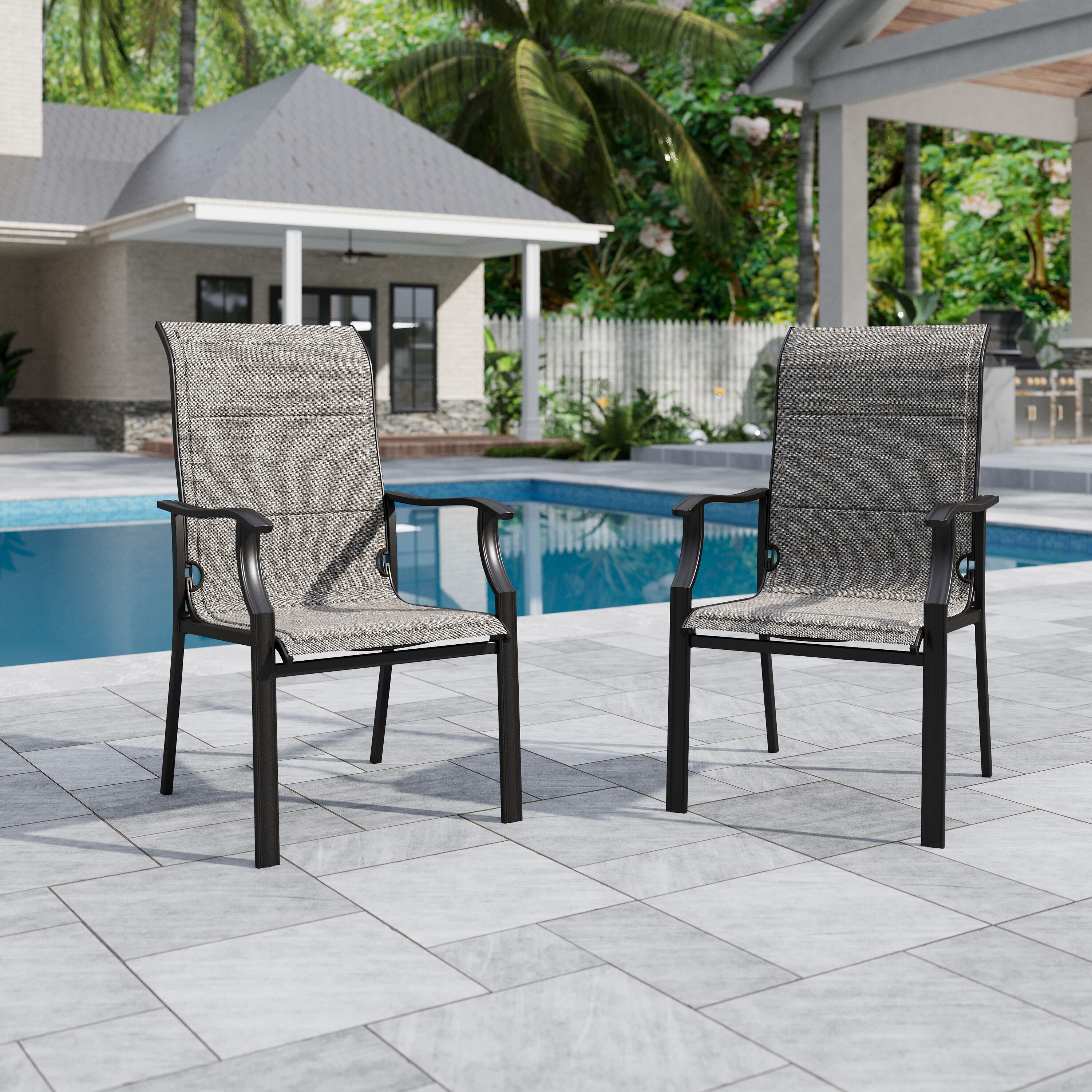 Sunshine Valley E02GF105 Outdoor Patio Chairs Set of 2 Black Steel Frame Stationary Dining Chair with Gray Textilene Solid Seat