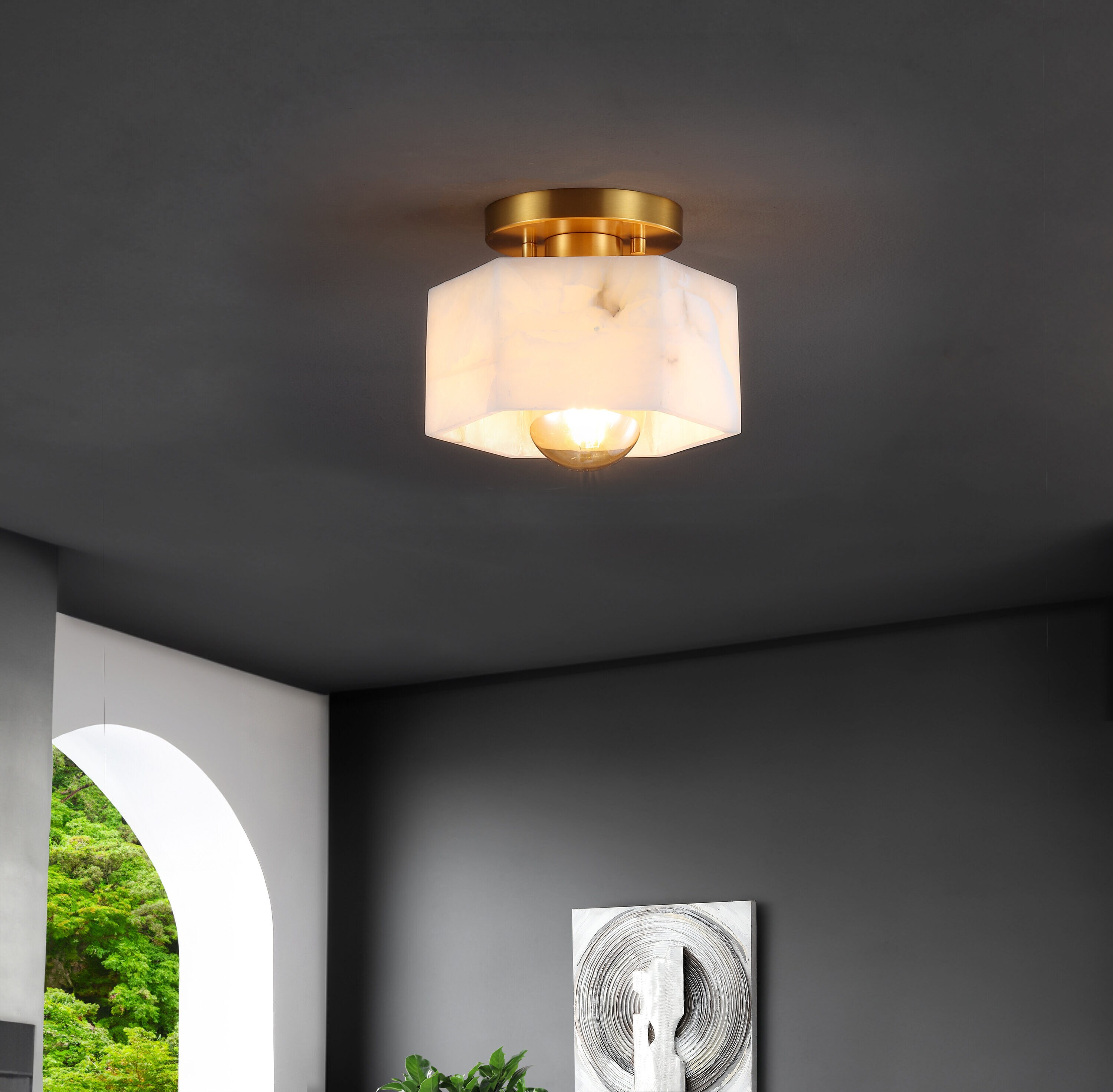 Tessa 8" White Marbling Brass LED Semi Flush Mount Light