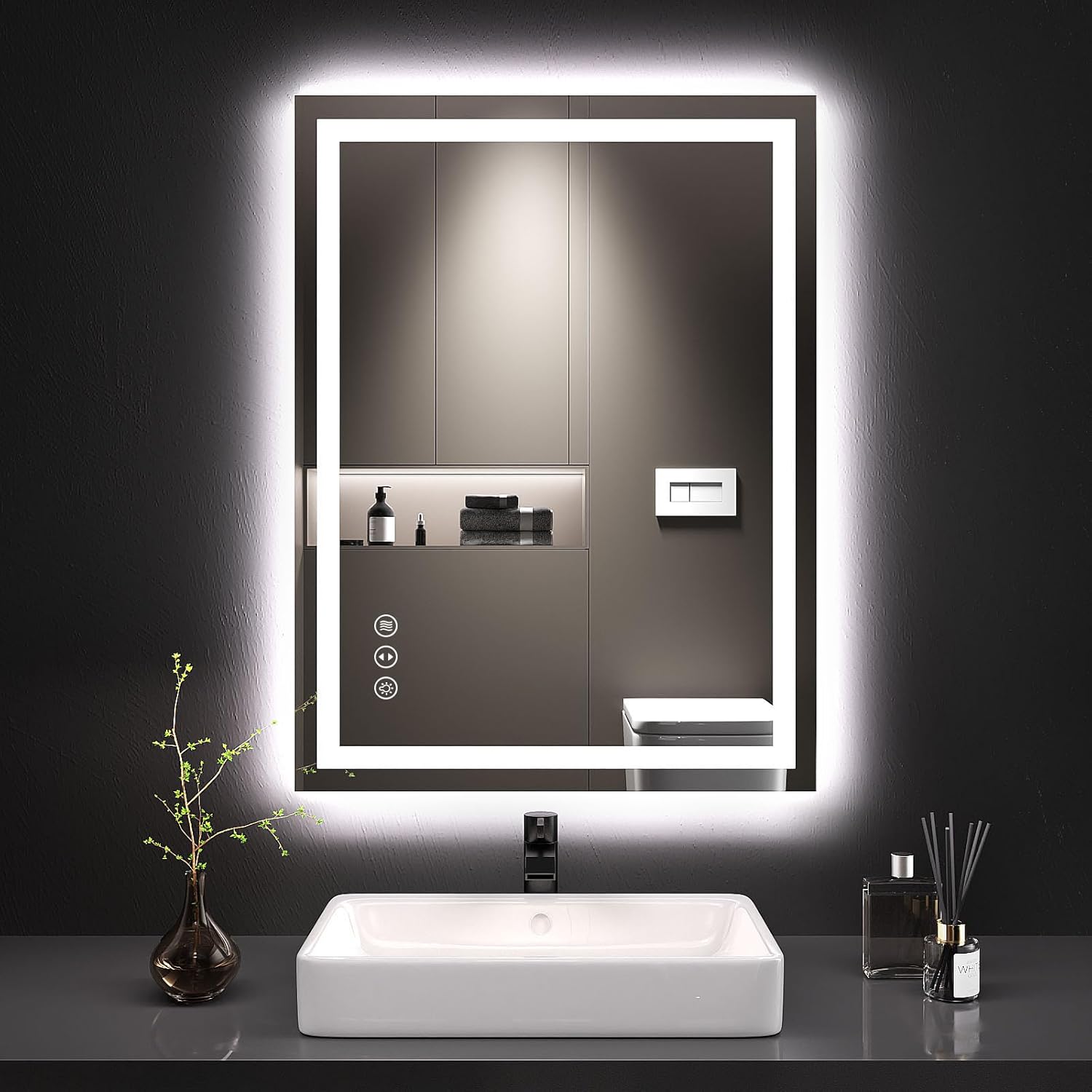 AAZJ BG-D-SC3010-L IP54 Waterproof Bathroom Vanity Mirror - Anti-Fog LED 24-in x 32-in Framed Frameless Rectangle Dimmable LED Lighted Fog Free Bathroom Vanity Mirror ( Silver )