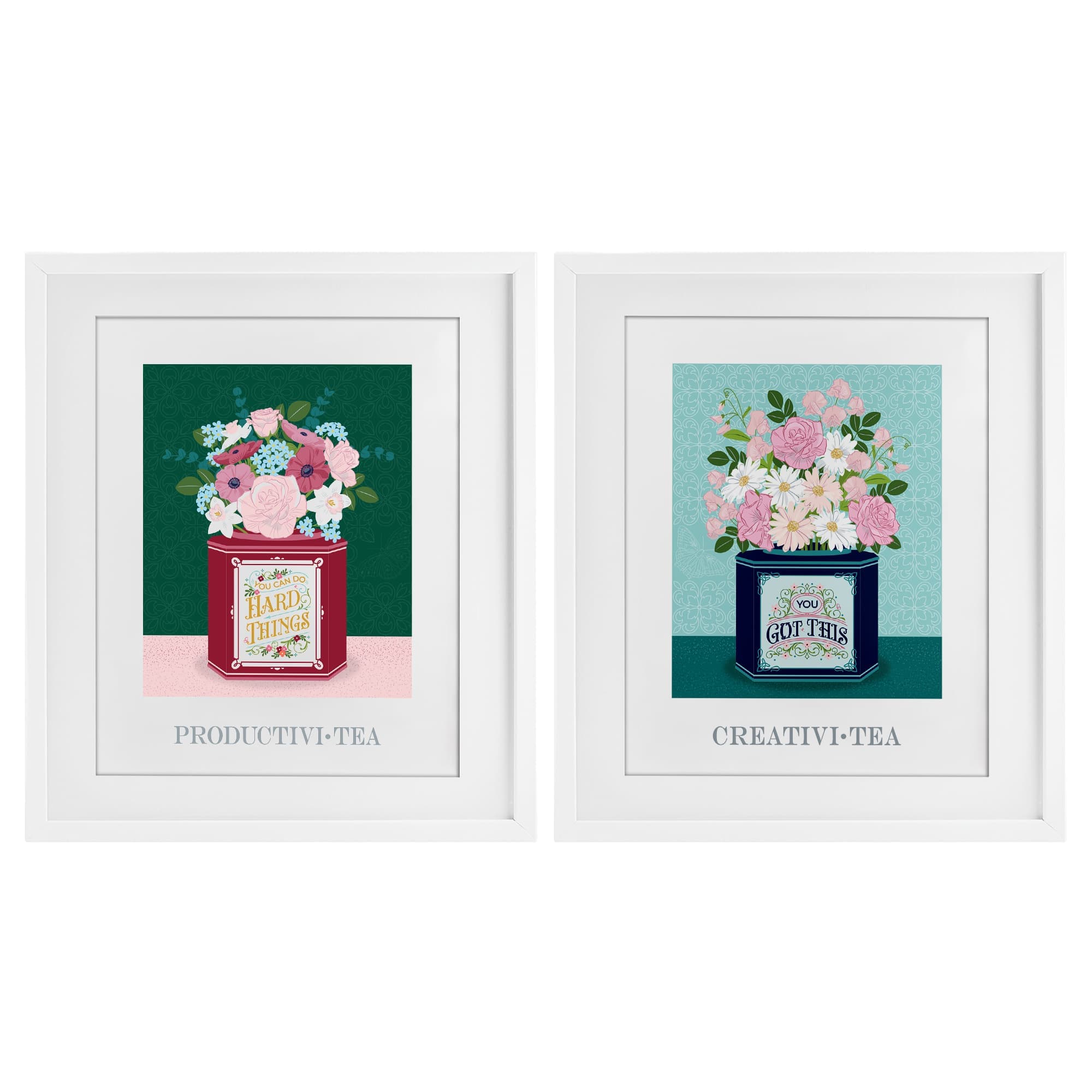Stupell Industries Motivational Floral Tea Tins White 2pc Framed Print Under Glass Set 13 x 16