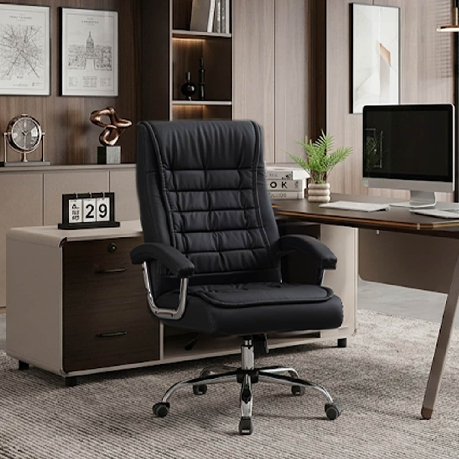 GZMR Up to 350lbs Executive PU Leather Office Chair Black Contemporary Ergonomic Adjustable Height Swivel Upholstered Executive Chair