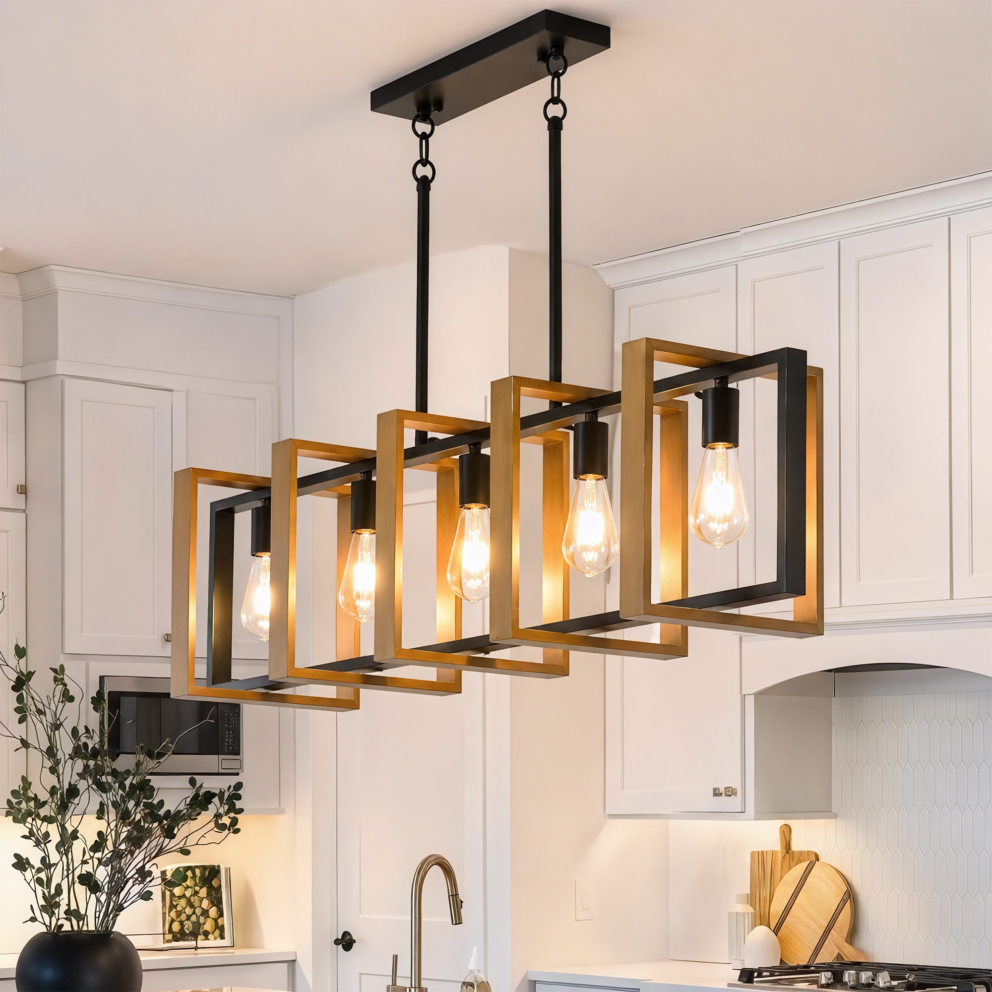 TEINIE 5-Light Wood Black Industrial Linear Pendant Light for Kitchen Island