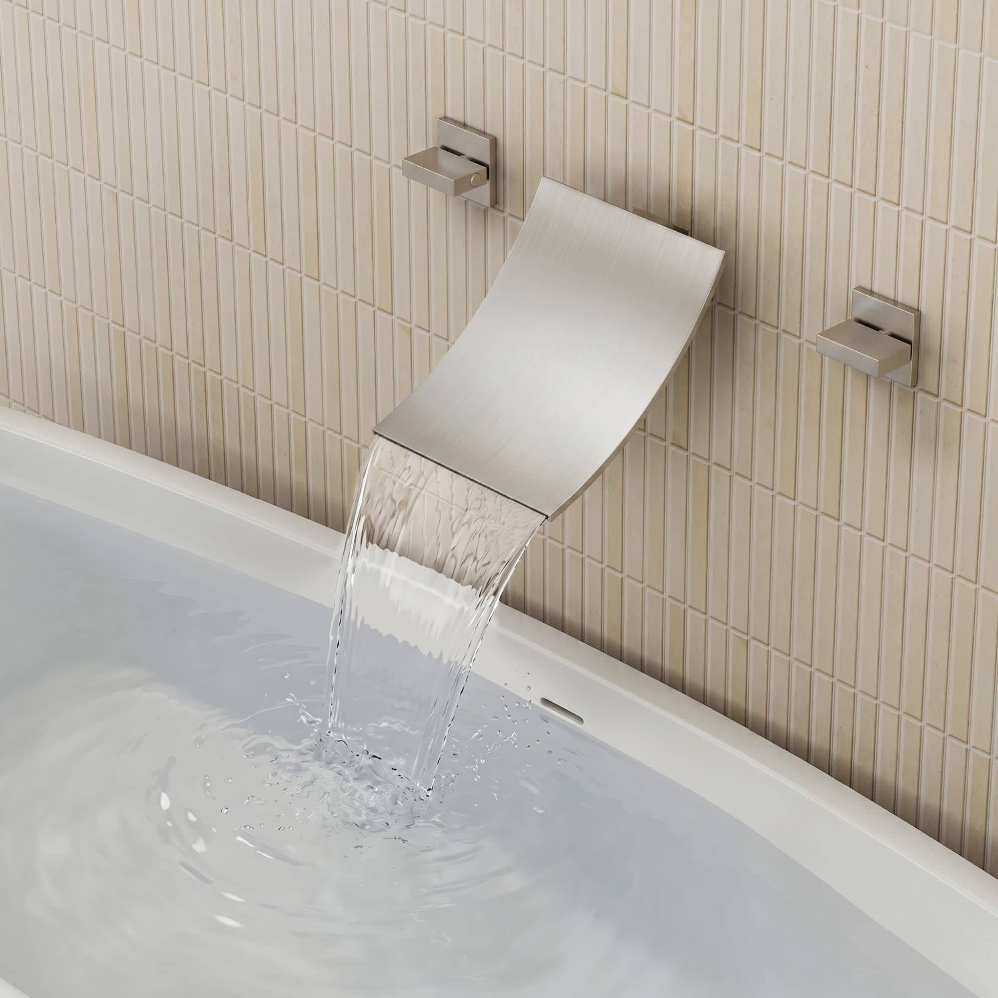 EVERSTEIN Brushed Nickel Waterfall Tub Faucet with Rough-in Valve Wall Mounted Tub Spout