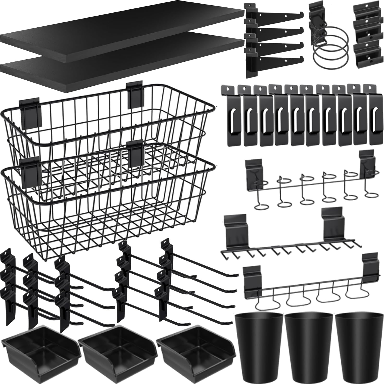 Lukvuzo 43 Piece Slatwall Organizer Kit with 20 Hooks 2 Baskets 2 Shelves 3 Bins 3 Cups 3 Screwdriver Holders for Garage and Workshop