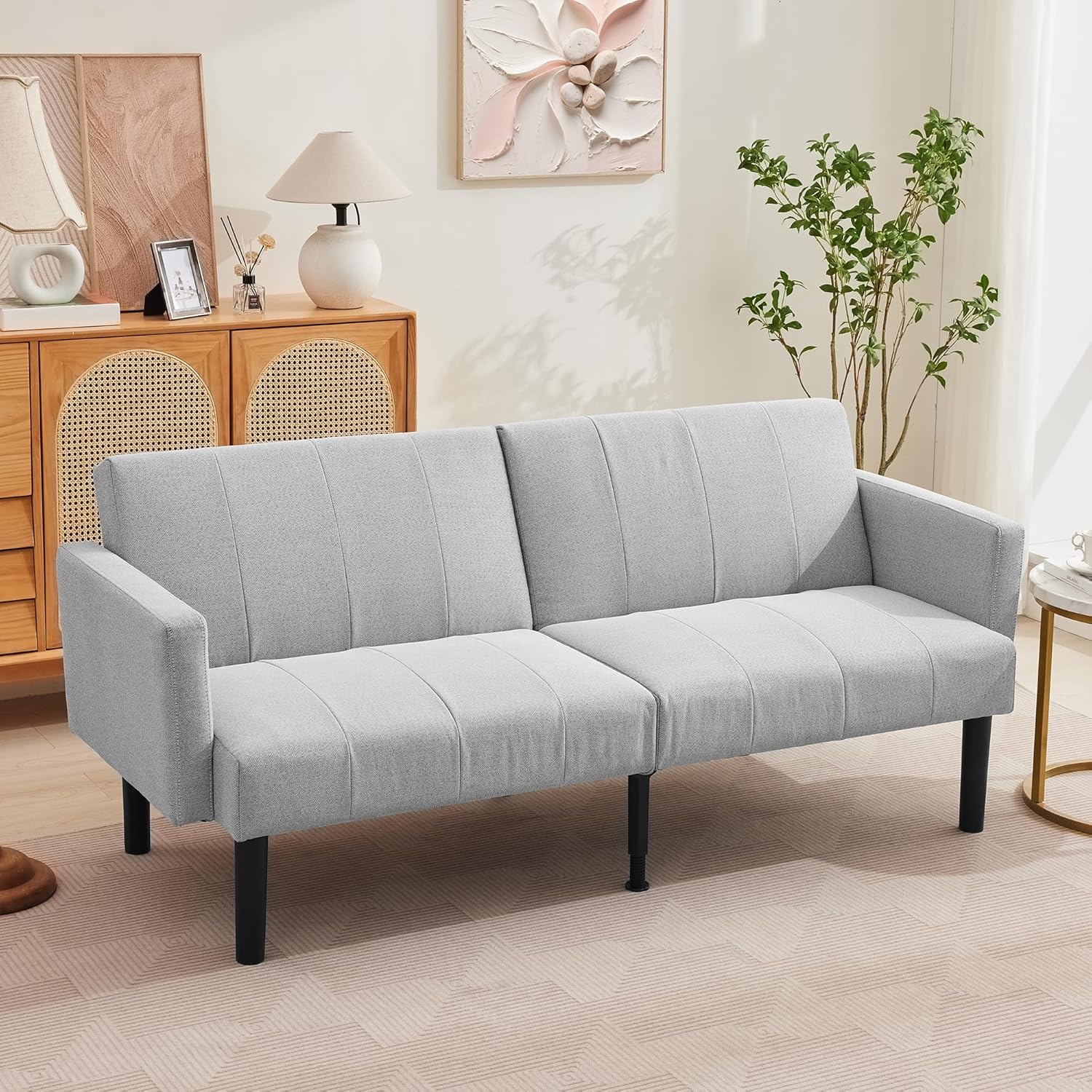 WhizMax PD-PHO-34KTFSRE 75.5 Inch Convertible Futon Sofa Bed - Linen Flannel Small Couch Sofa with Wood Legs - 700lbs Capacity - Adjustable Folding Loveseat - Mid Century Modern Futon Couch for Living Room - Gray