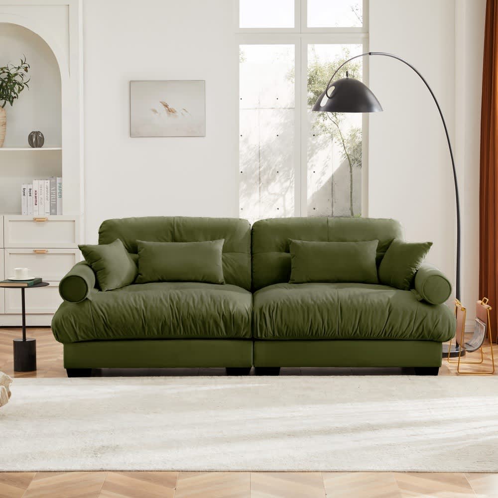 Coolbibila Large 2-Seat Straight Sectional Sofa Modern Olive Green Velvet Sectional Sofa With Waist Pillows And Throw Pillows Sofa For Living Room